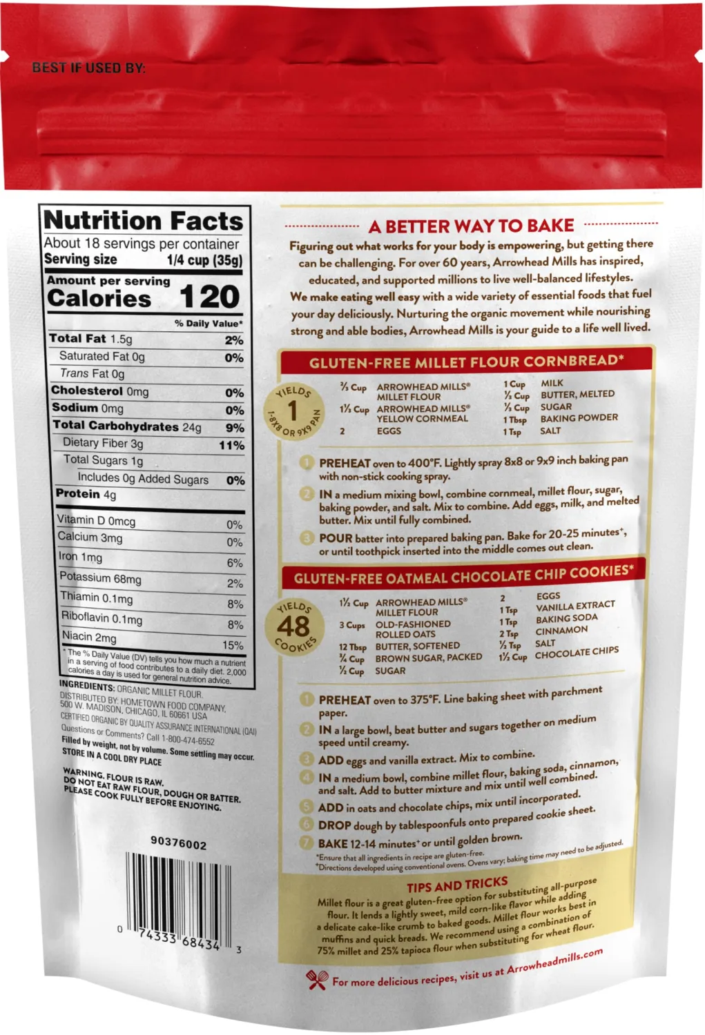 Arrowhead Mills Organic Gluten Free Millet Flour, 23 oz Bag