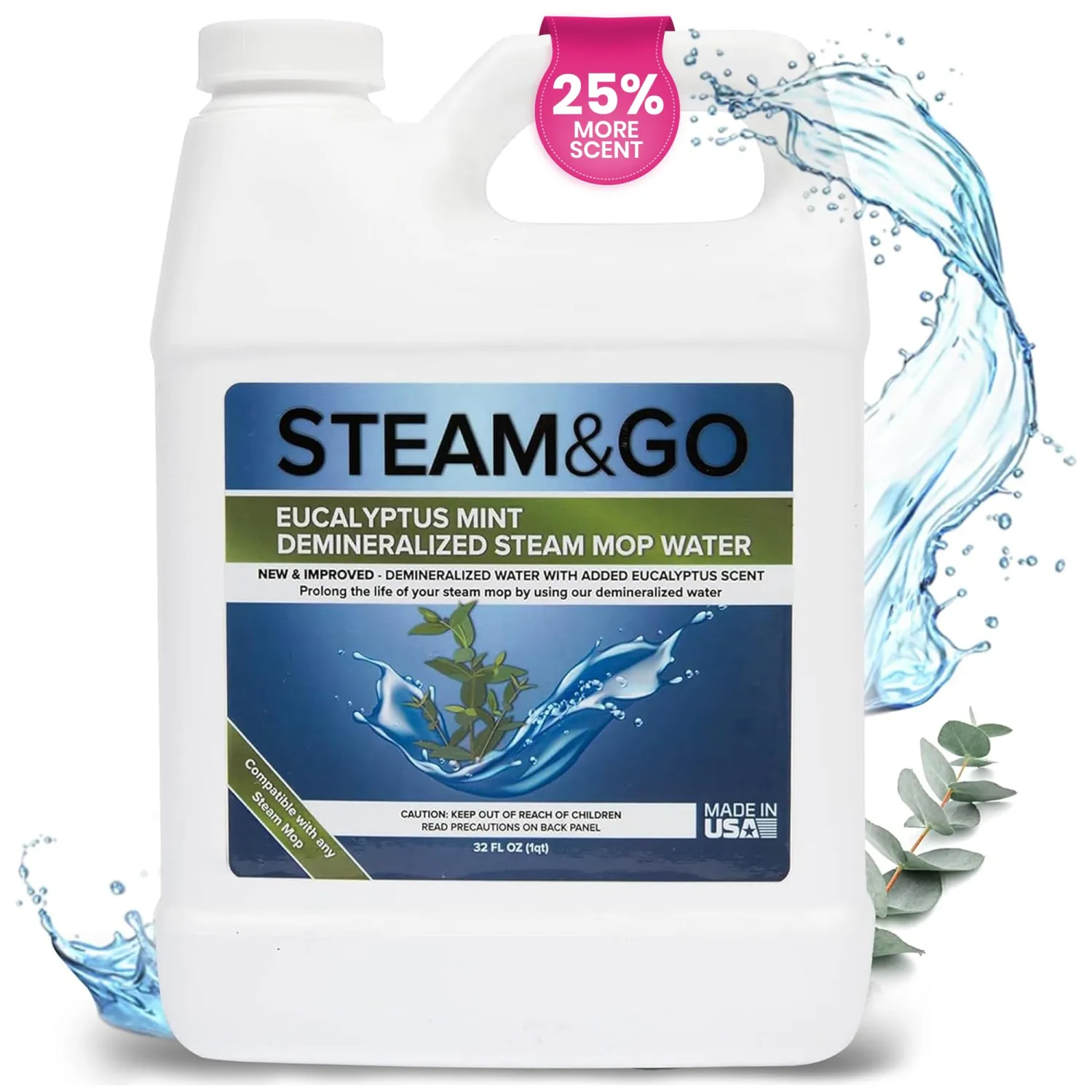 Steam & Go - Demineralized Water for Steam Cleaner, PVC-Free Floor Cleaner Liquid Compatible With Any Steam Mop, Ready-to-Use Multisurface Cleaner, Scented Mop Solution, Eucalyptus Mint, 32 oz