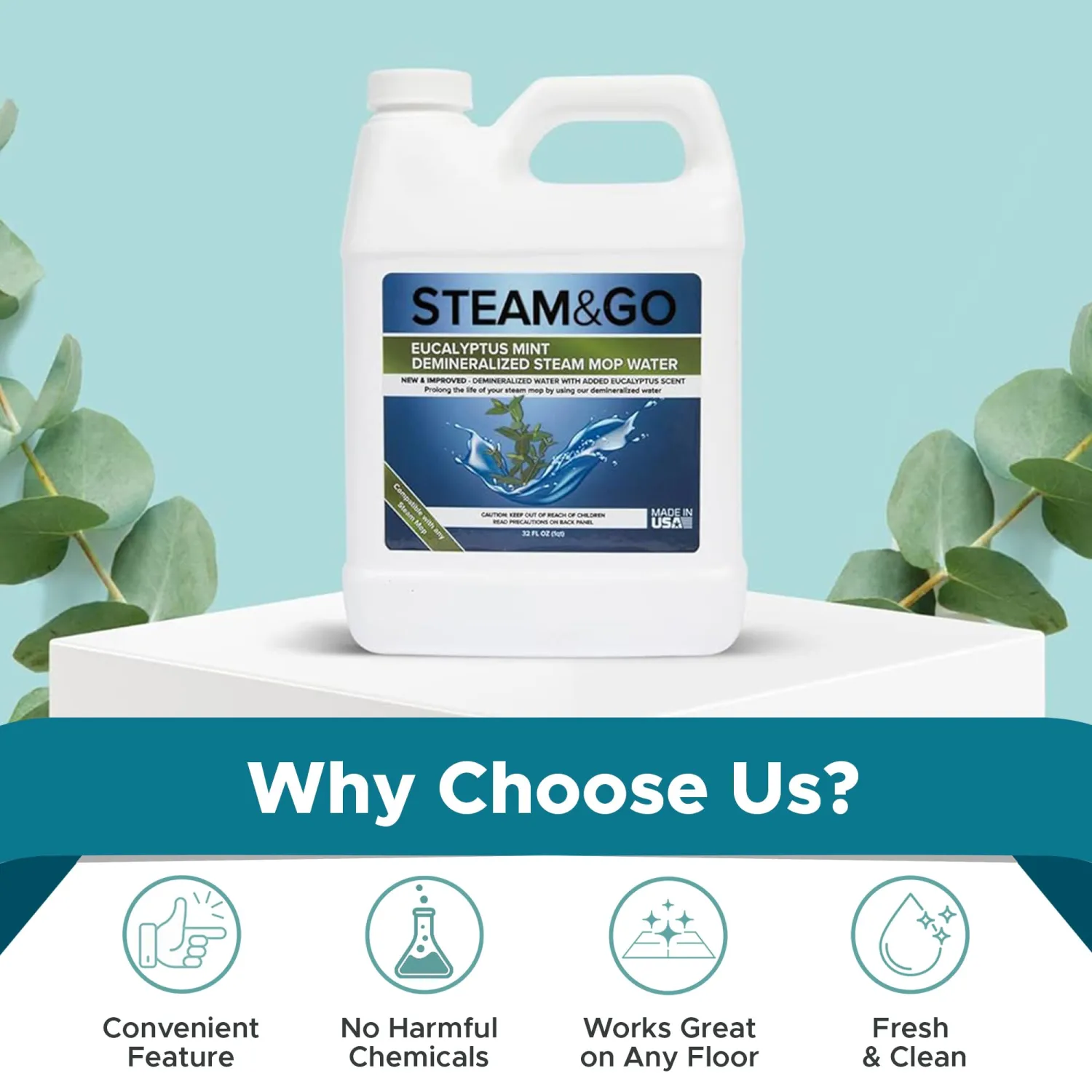 Steam & Go - Demineralized Water for Steam Cleaner, PVC-Free Floor Cleaner Liquid Compatible With Any Steam Mop, Ready-to-Use Multisurface Cleaner, Scented Mop Solution, Eucalyptus Mint, 32 oz