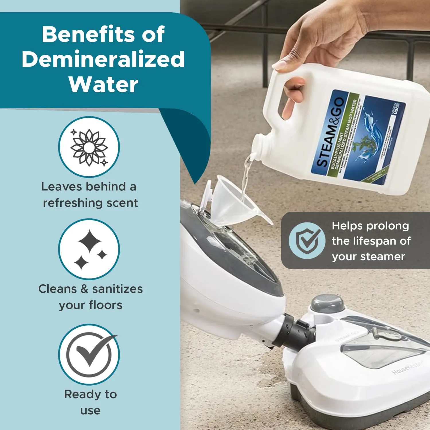 Steam & Go - Demineralized Water for Steam Cleaner, PVC-Free Floor Cleaner Liquid Compatible With Any Steam Mop, Ready-to-Use Multisurface Cleaner, Scented Mop Solution, Eucalyptus Mint, 32 oz