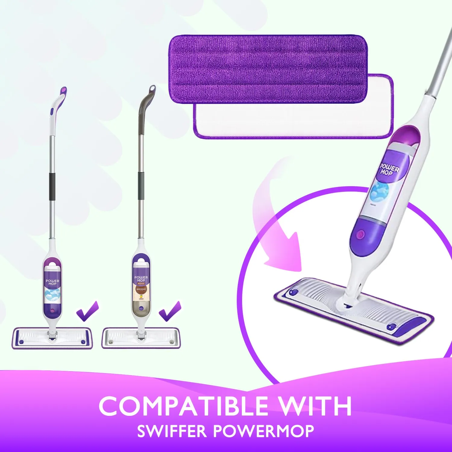 Reusable Power Mop Refill Pads for Swiffer Power Mop Starter Kit - Swifter Powermop Pads Refills - Multi-Surface & Wood Mopping Pad Refill for Floor Cleaning - Washable Microfiber Pad, 2 Pack