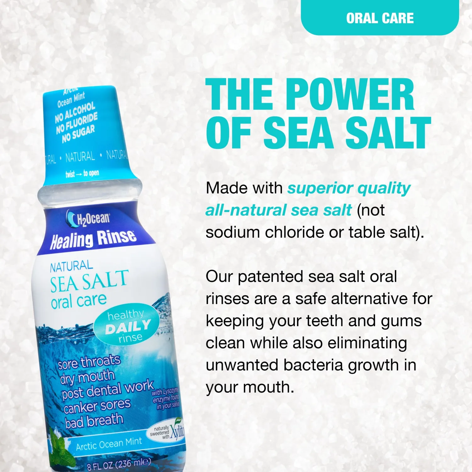 H2Ocean Healing Rinse Mouthwash- Great Tasting Sea Salt & Xylitol Mouth Wash for Fresh Breath & Dry Mouth - Alcohol & Fluoride Free - Arctic Ocean Mint 8oz