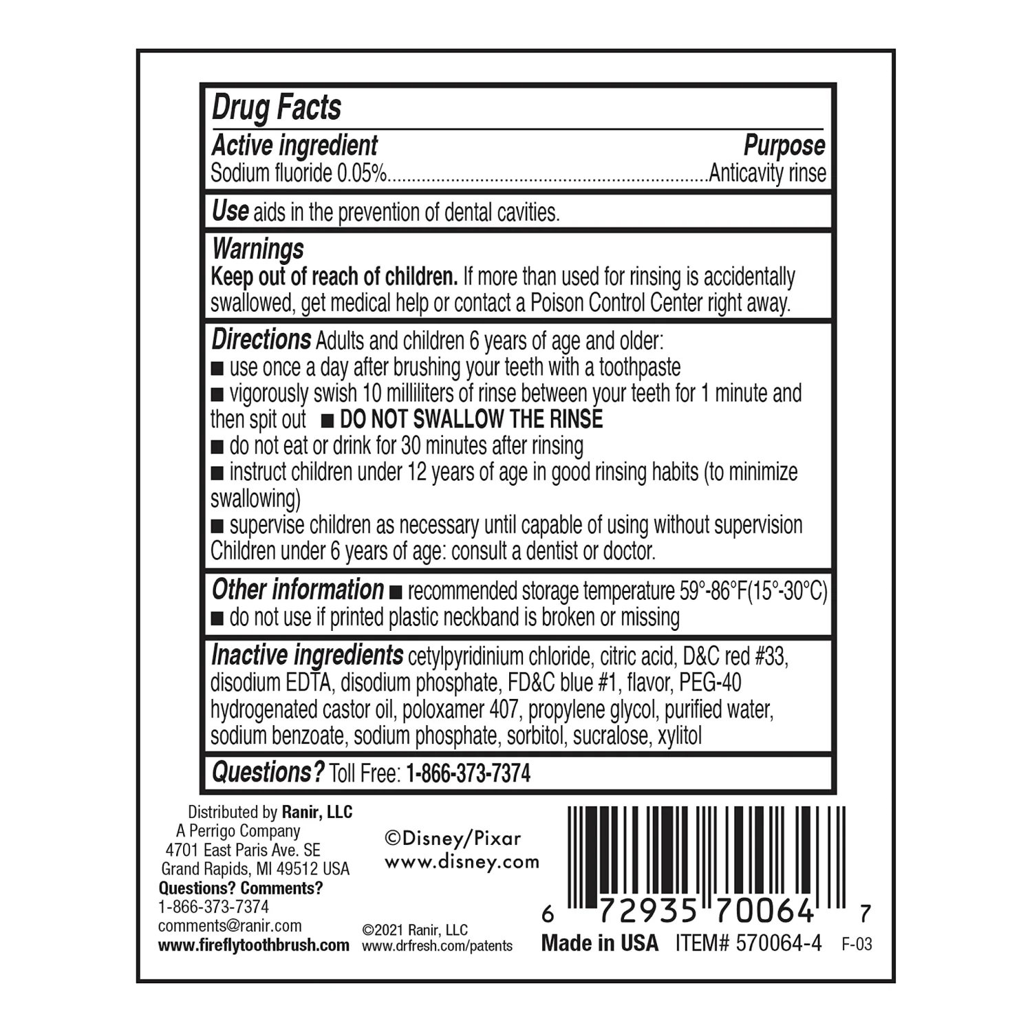 Firefly Anticavity Fluoride Rinse, Toy Story, Alcohol Free Formula, ADA Accepted, Helps Prevent Cavities, Bubble Berry Flavor, 16 Ounce