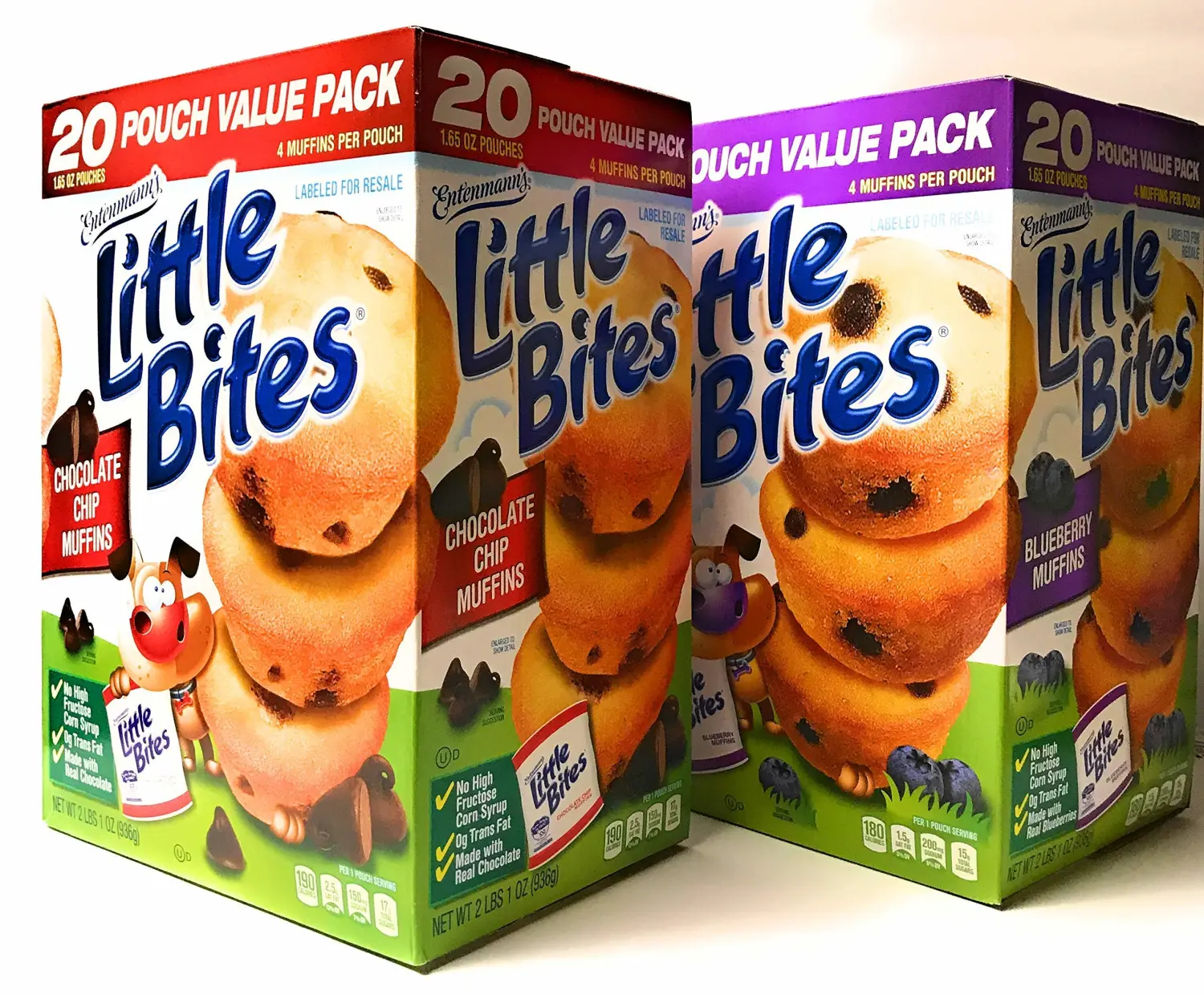 Entenmann's | Little Bites | Chocolate Chip Muffins - 20 Pouches - Blueberry Muffins-20 Pouches |each box 2 LBS 1 OZ- 936g | Delicious | Yummy | Tasty | Bundle Pack - Pack of 2 Large Boxes