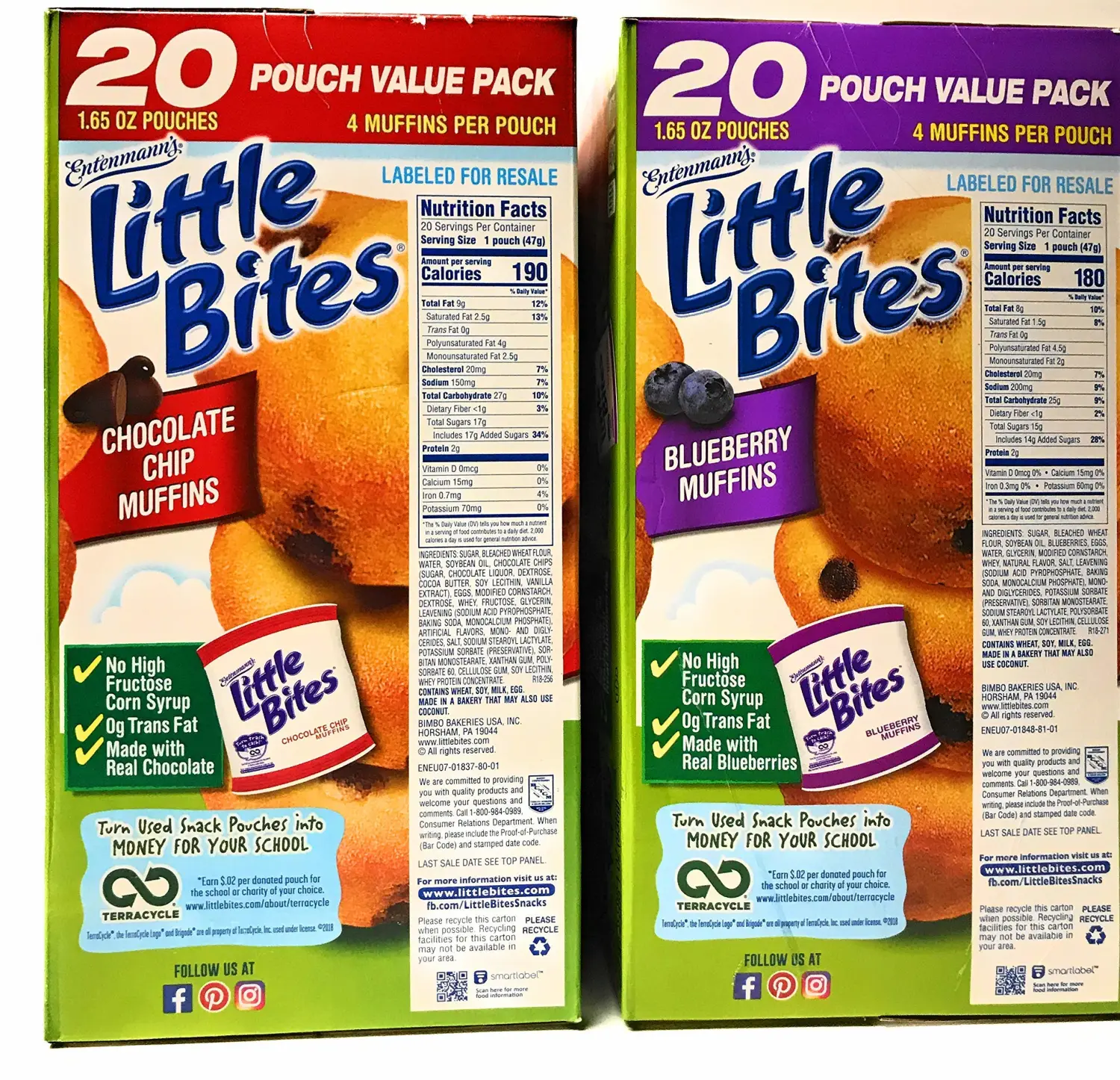 Entenmann's | Little Bites | Chocolate Chip Muffins - 20 Pouches - Blueberry Muffins-20 Pouches |each box 2 LBS 1 OZ- 936g | Delicious | Yummy | Tasty | Bundle Pack - Pack of 2 Large Boxes