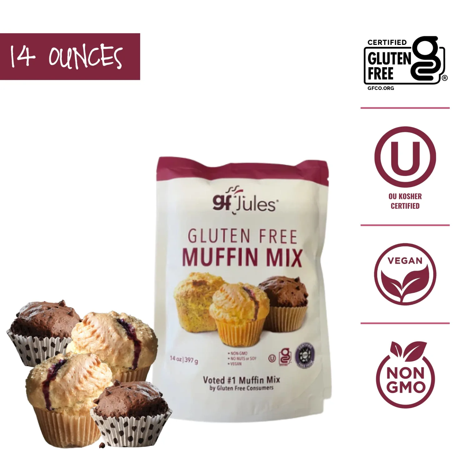 gfJules Certified Gluten Free Muffin Baking Mix | No Grit, Non-GMO, Vegan, Kosher & Top 9 Allergen Free | Baking Alternative to Regular Muffin Mixes & Makes 15 Muffins | 14 Ounces