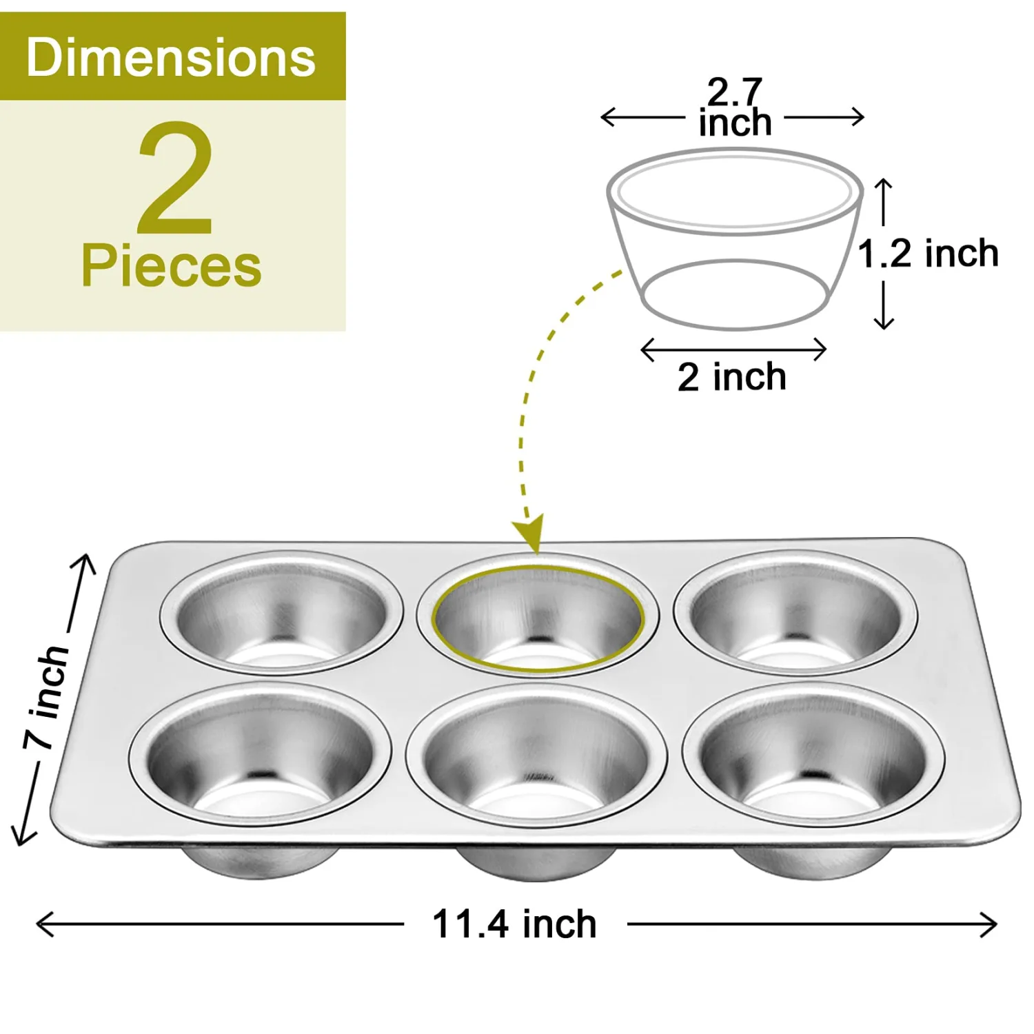 P&P CHEF Muffin Pan Cupcake Baking Pan Set, Stainless Steel Muffin Tin Tray for Mini Cake Tart Quiche, Oven & Dishwasher Safe, Non-toxic & Heavy-duty, (6 Cup, 2Pcs)
