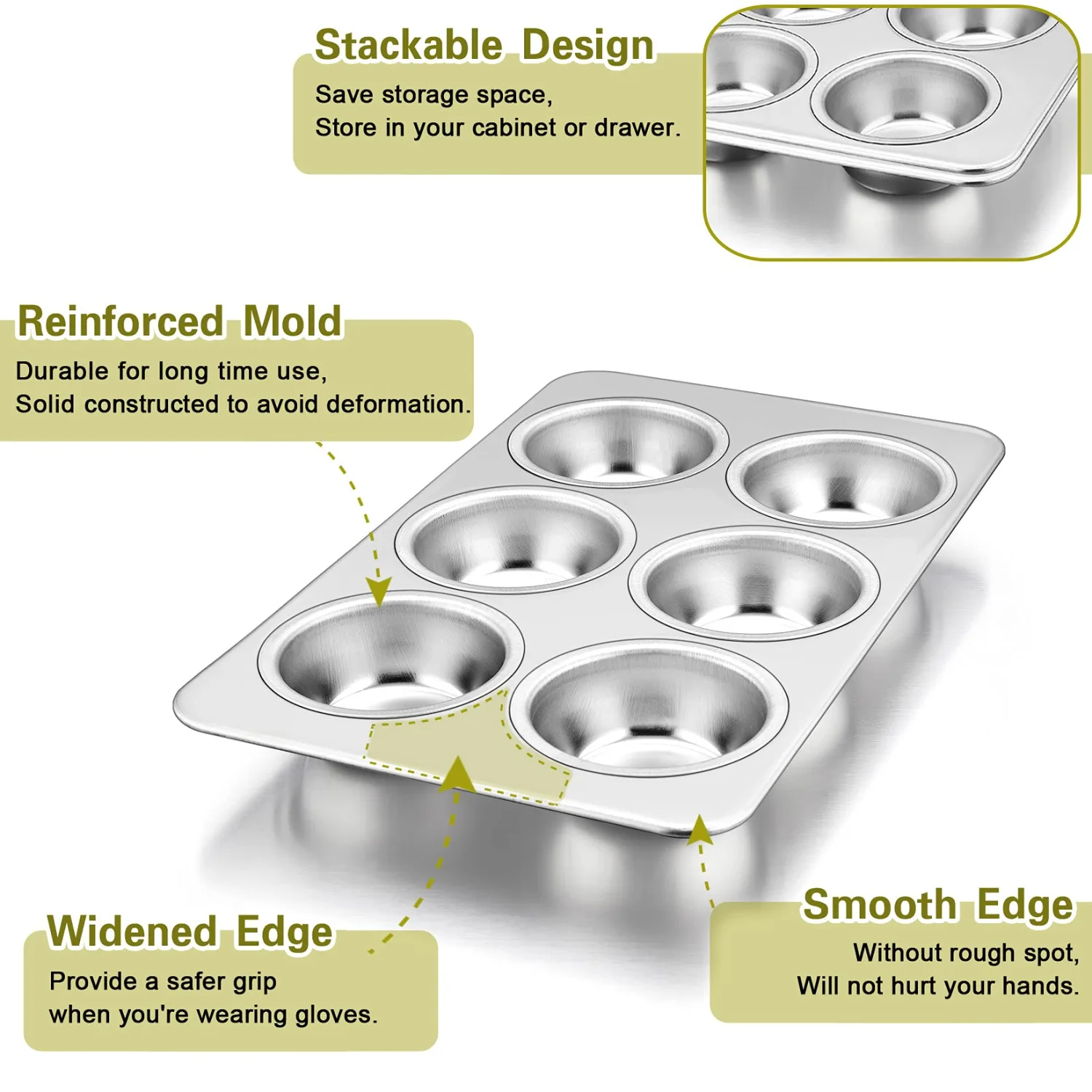 P&P CHEF Muffin Pan Cupcake Baking Pan Set, Stainless Steel Muffin Tin Tray for Mini Cake Tart Quiche, Oven & Dishwasher Safe, Non-toxic & Heavy-duty, (6 Cup, 2Pcs)
