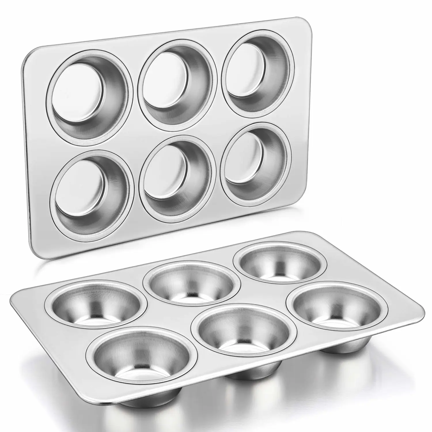 P&P CHEF Muffin Pan Cupcake Baking Pan Set, Stainless Steel Muffin Tin Tray for Mini Cake Tart Quiche, Oven & Dishwasher Safe, Non-toxic & Heavy-duty, (6 Cup, 2Pcs)