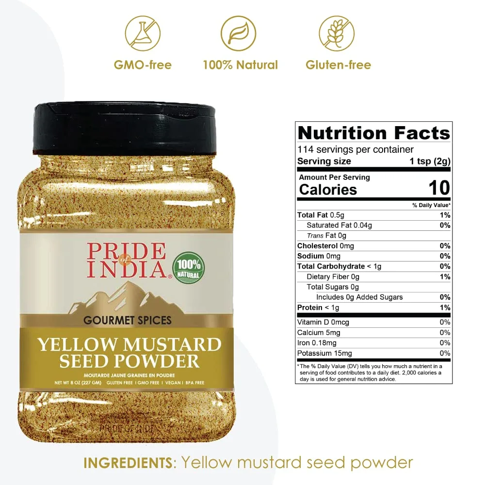 Pride Of India – Yellow Mustard Ground – Gourmet Spice - Ideal for Pickles/Mustard Dressing/Sauces/ Hotdogs – Preservatives & Additives Free – Easy to Store – 8oz. Medium Dual Sifter