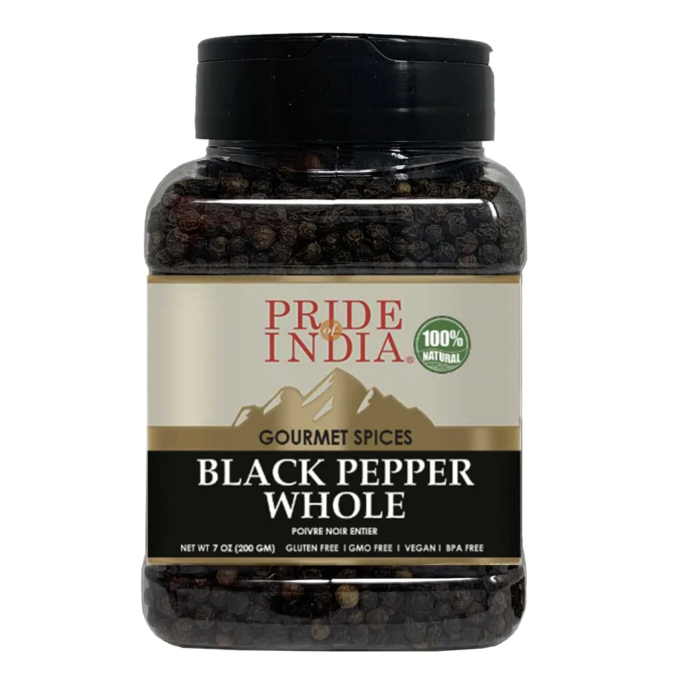 Pride of India – Black Peppercorn Whole – Gourmet & Culinary Spice – Full Bodied, Dried & Flavorful – Preservatives & Gluten Free – 7 oz. Medium Dual Sifter Jar