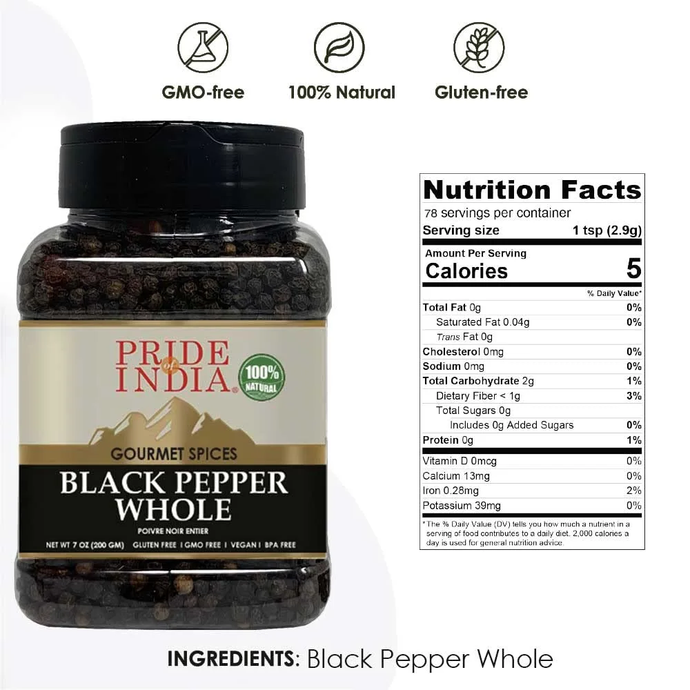 Pride of India – Black Peppercorn Whole – Gourmet & Culinary Spice – Full Bodied, Dried & Flavorful – Preservatives & Gluten Free – 7 oz. Medium Dual Sifter Jar