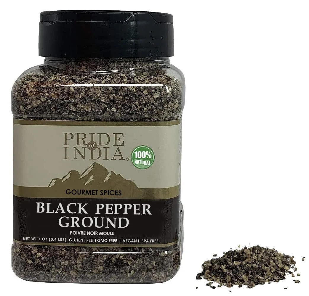 Pride of India – Black Pepper Ground – Ideal for Gourmet Dishes/ Soups/ Stews/ Rubs – Fresh & Preservatives Free – Warming Spice – Easy to Store – 7oz. Medium Dual Sifter Jar