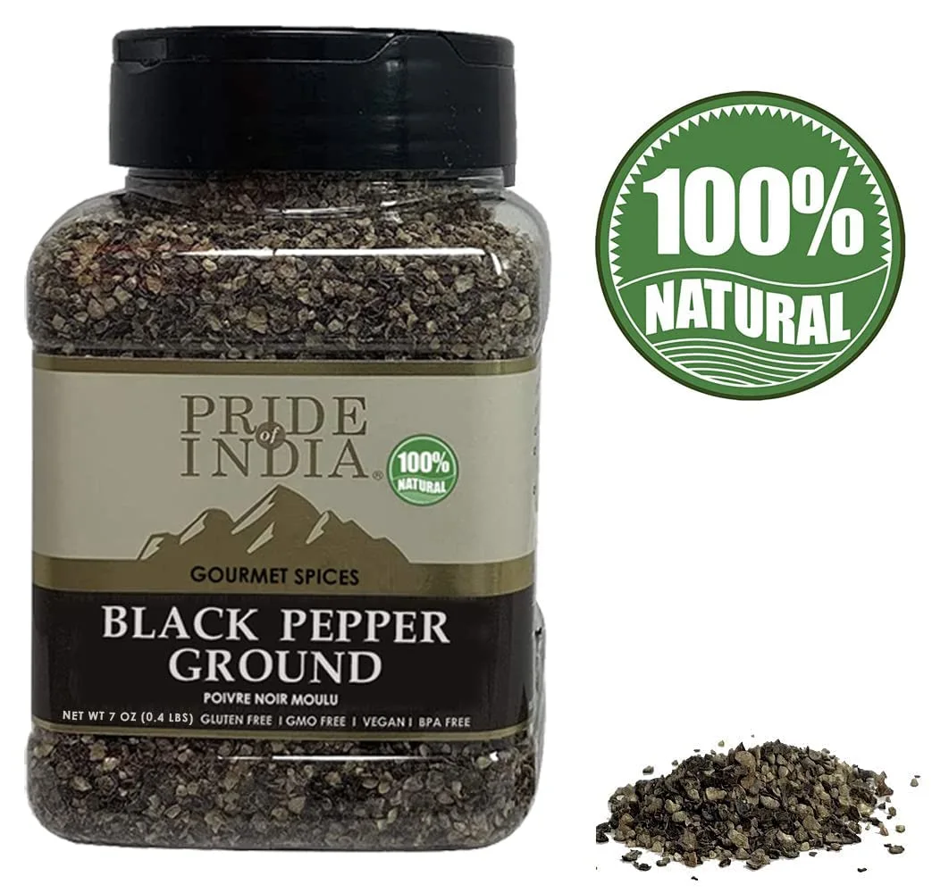 Pride of India – Black Pepper Ground – Ideal for Gourmet Dishes/ Soups/ Stews/ Rubs – Fresh & Preservatives Free – Warming Spice – Easy to Store – 7oz. Medium Dual Sifter Jar