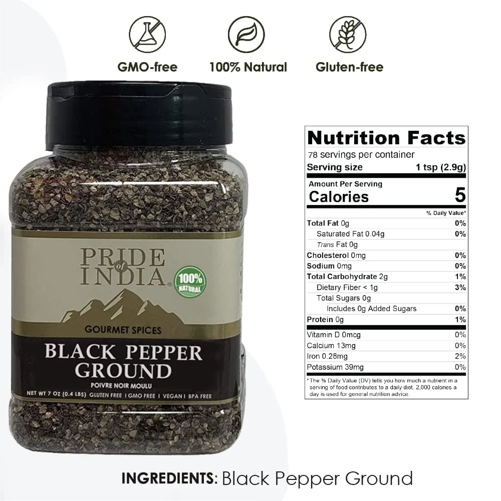 Pride of India – Black Pepper Ground – Ideal for Gourmet Dishes/ Soups/ Stews/ Rubs – Fresh & Preservatives Free – Warming Spice – Easy to Store – 7oz. Medium Dual Sifter Jar