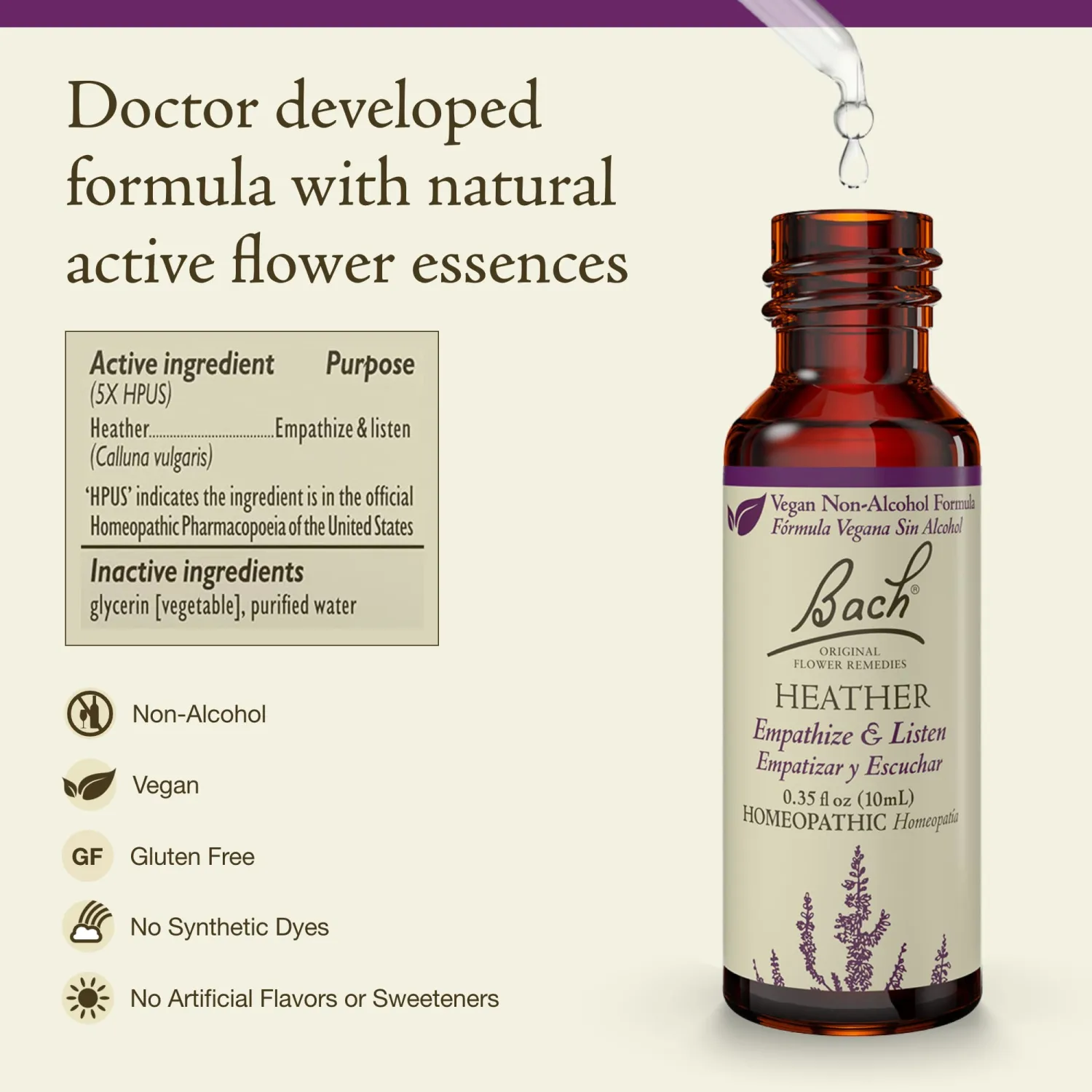 Bach Original Flower Remedies, Heather (Non-Alcohol Formula) - Empathize & Listen - Natural Homeopathic Flower Essence for Emotional Balance - Vegan, Gluten Free, Sugar Free - 10mL Dropper