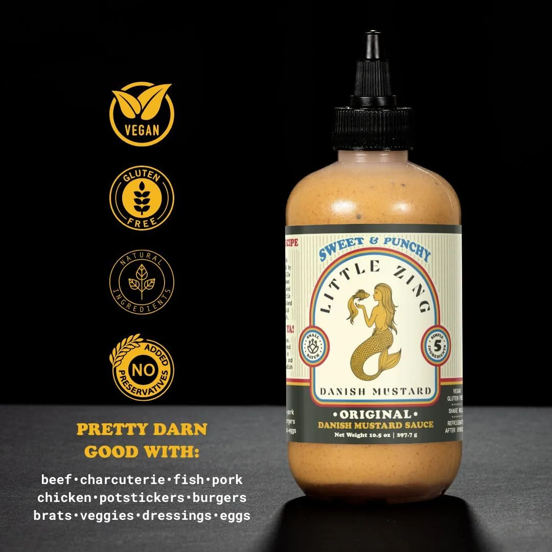 Little Zing Danish Mustard – Sweet & Punchy Gourmet Mustard Sauce with Horseradish Kick – All-Natural, No Oils, Fillers, or Preservatives – Bold & Versatile Sauce for Sandwiches, Meats, Dressings & Dips – 10 oz Bottle