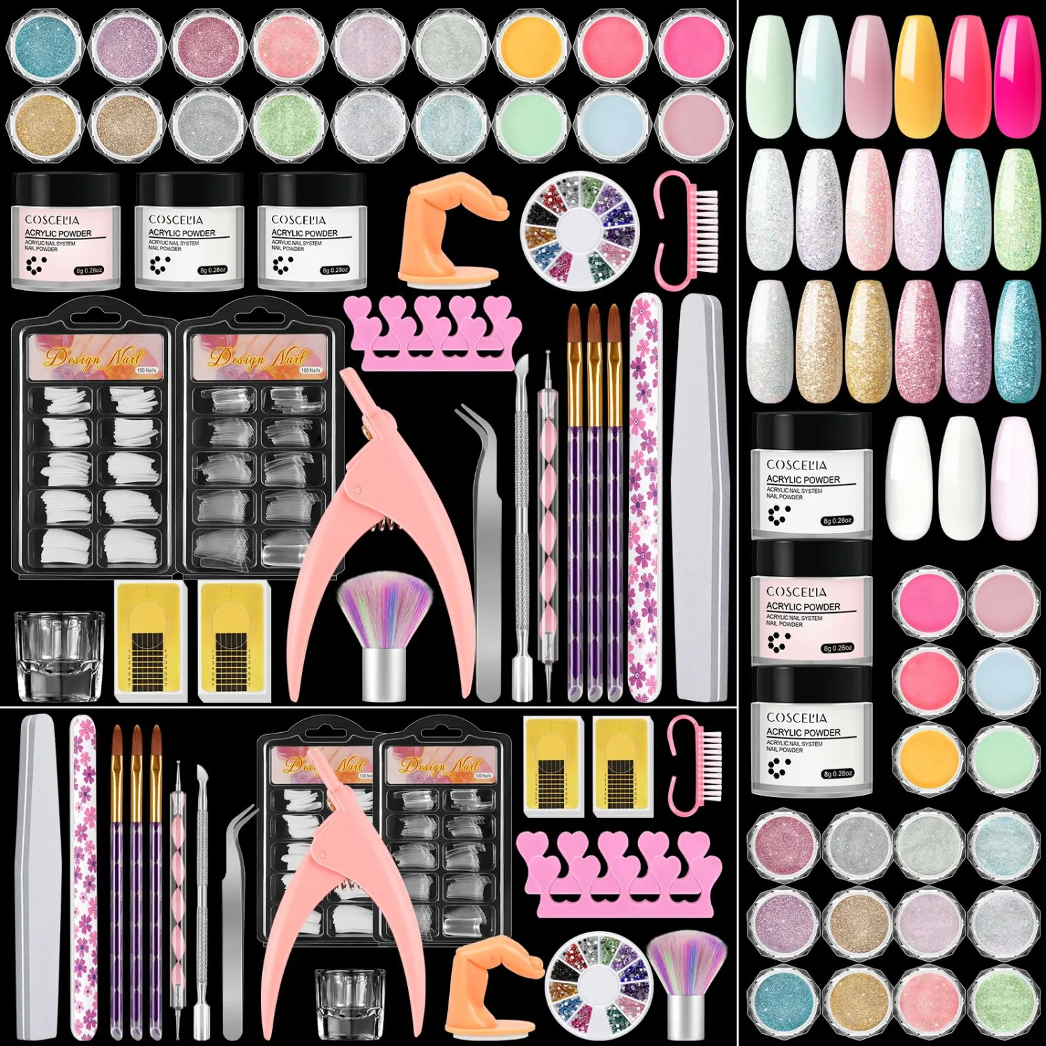 COSCELIA Acrylic Nail Kit for Beginners with Everything: Professional Acrylic Powder, Glitter Decoration Powder, Rhinestones, Tips, Complete Nail Art Kit at Home Gift for Women