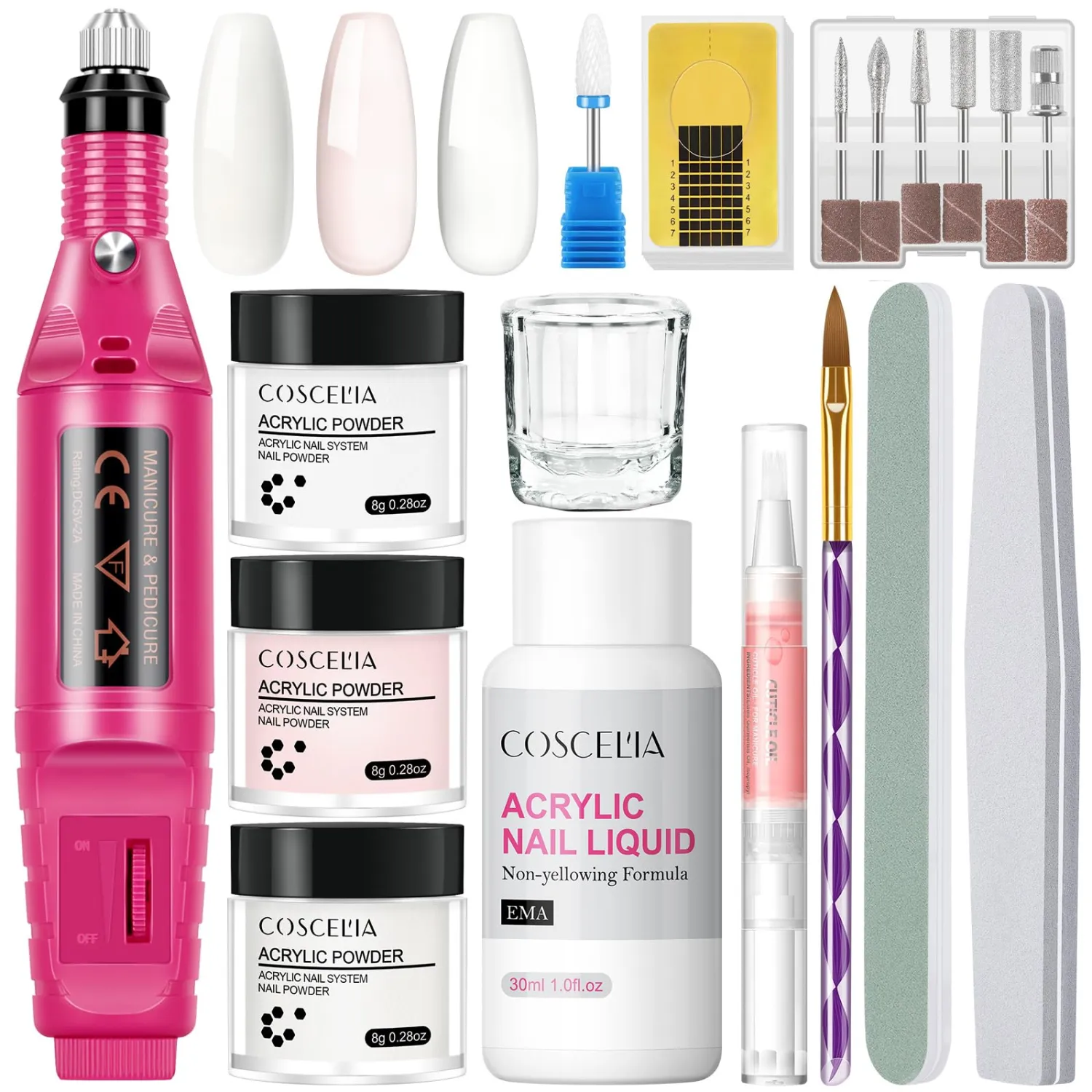 Professional Acrylic Nail Kit for Beginners - Drill Included, Clear, White & Pink Acrylic Powder Set for Nail Extension & Art, DIY Gift for Women