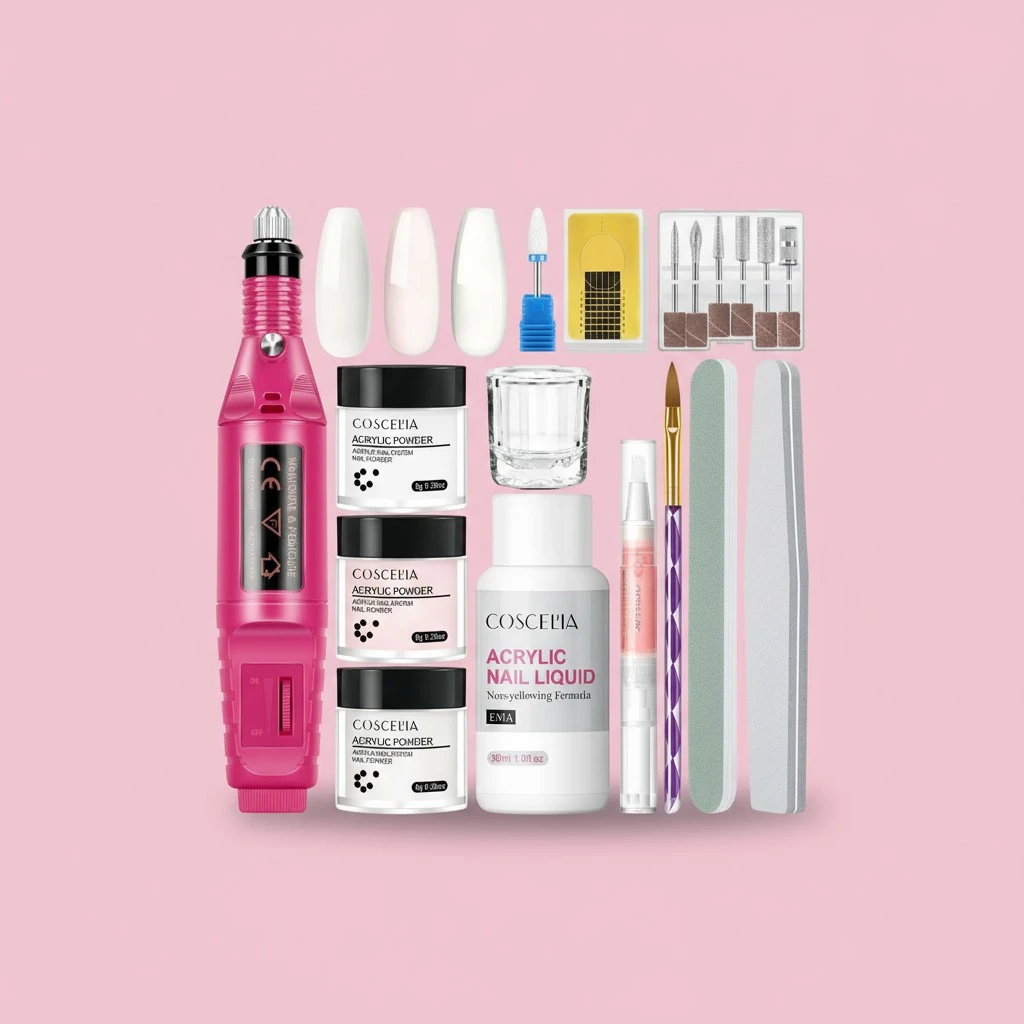 Professional Acrylic Nail Kit for Beginners - Drill Included, Clear, White & Pink Acrylic Powder Set for Nail Extension & Art, DIY Gift for Women