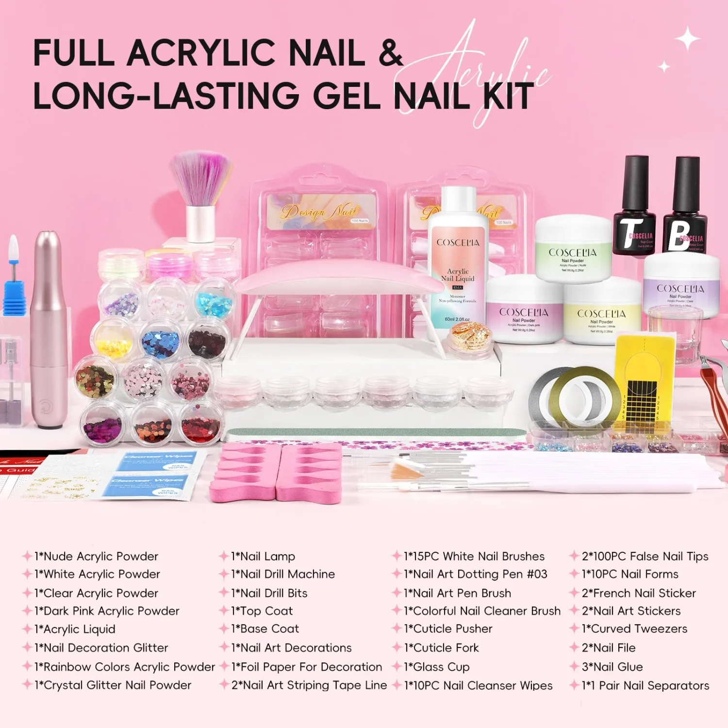COSCELIA Acrylic Nail Kit with Everything, Pink White Nude Clear Acrylic Powder with Drill U V Light Sequin Glitter Decoration Powders Base Top Coat Nails Kit for Beginners Home Nail DIY