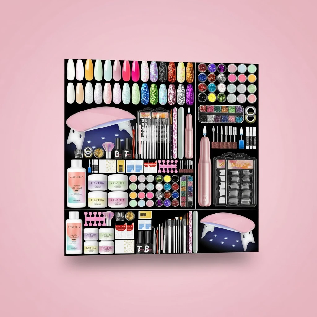 COSCELIA Acrylic Nail Kit with Everything, Pink White Nude Clear Acrylic Powder with Drill U V Light Sequin Glitter Decoration Powders Base Top Coat Nails Kit for Beginners Home Nail DIY