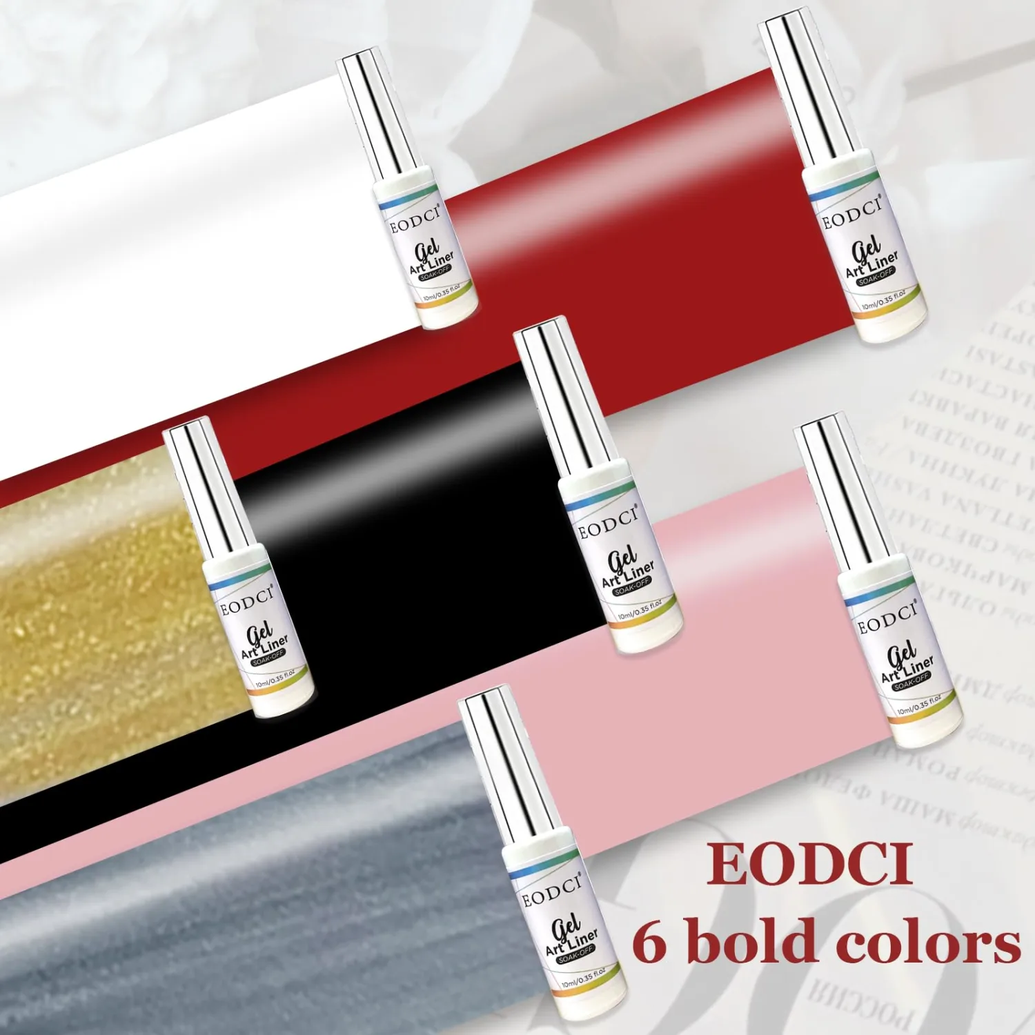 Gel Liner Art Polish Set 10ml, 6 Colors Black White Red Pink Glitters Gold Silver, Nail Polish Paint Swirl Built Thin Brush in Bottle Soak off Uv Gel Nail Art Liner Set