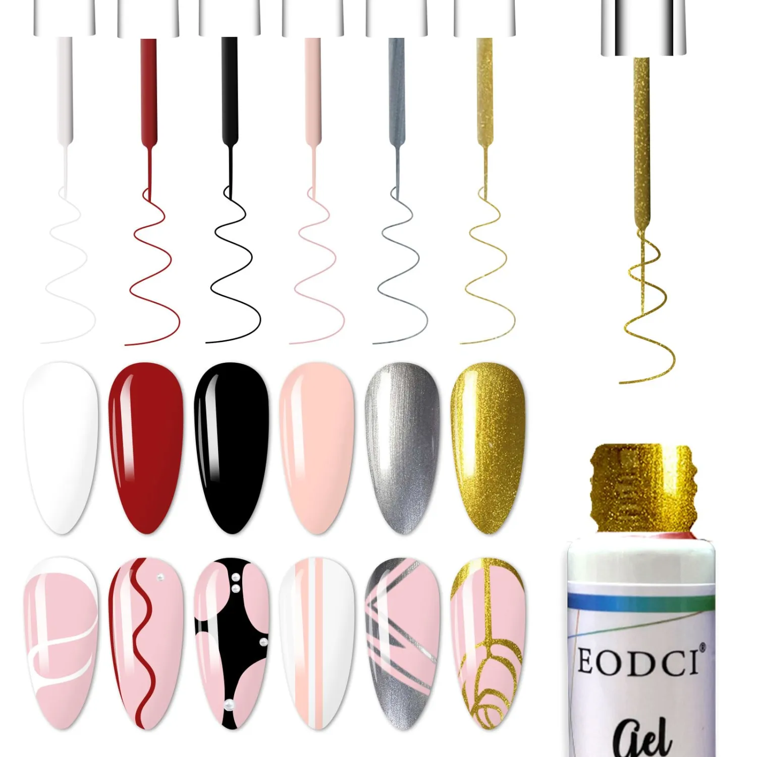 Gel Liner Art Polish Set 10ml, 6 Colors Black White Red Pink Glitters Gold Silver, Nail Polish Paint Swirl Built Thin Brush in Bottle Soak off Uv Gel Nail Art Liner Set