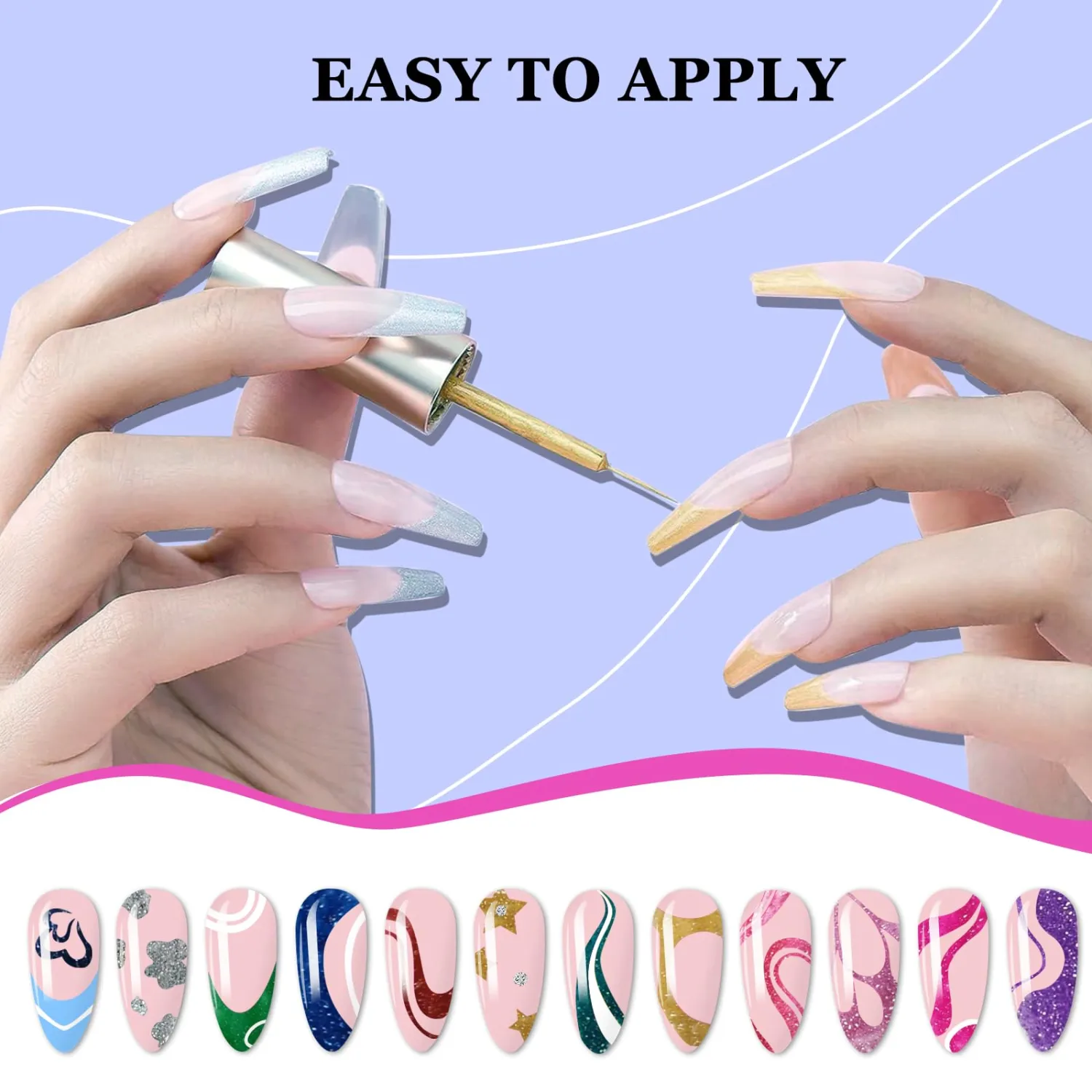 Reflective Glitter Nail Art Gel Liner Set, 12 Colors Shiny Pink Purple Yellow Green Glitter Gel Polish for Swirl French Tip Painting Designs Soak Off Built Thin Brush DIY Nail Starter Kit