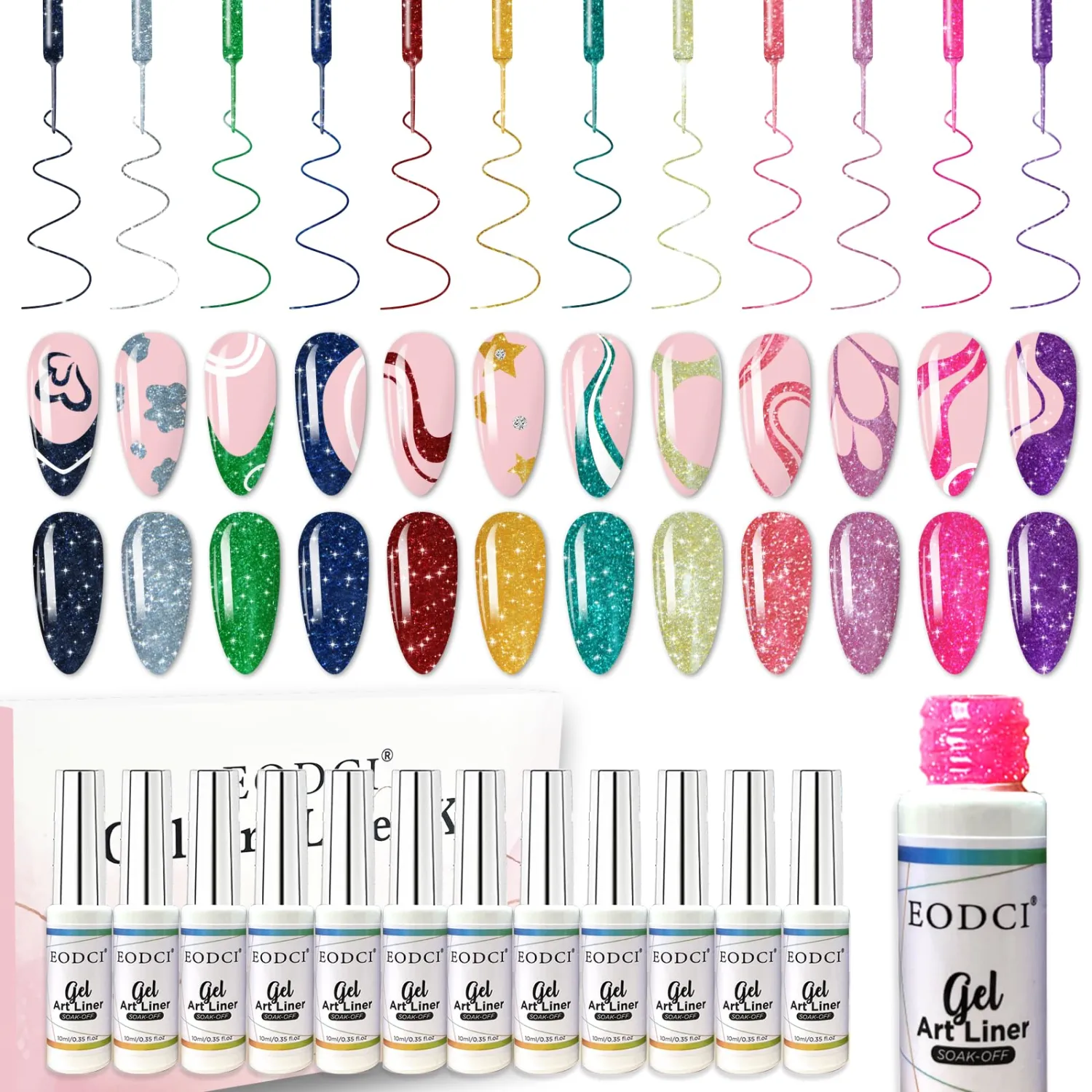 Reflective Glitter Nail Art Gel Liner Set, 12 Colors Shiny Pink Purple Yellow Green Glitter Gel Polish for Swirl French Tip Painting Designs Soak Off Built Thin Brush DIY Nail Starter Kit