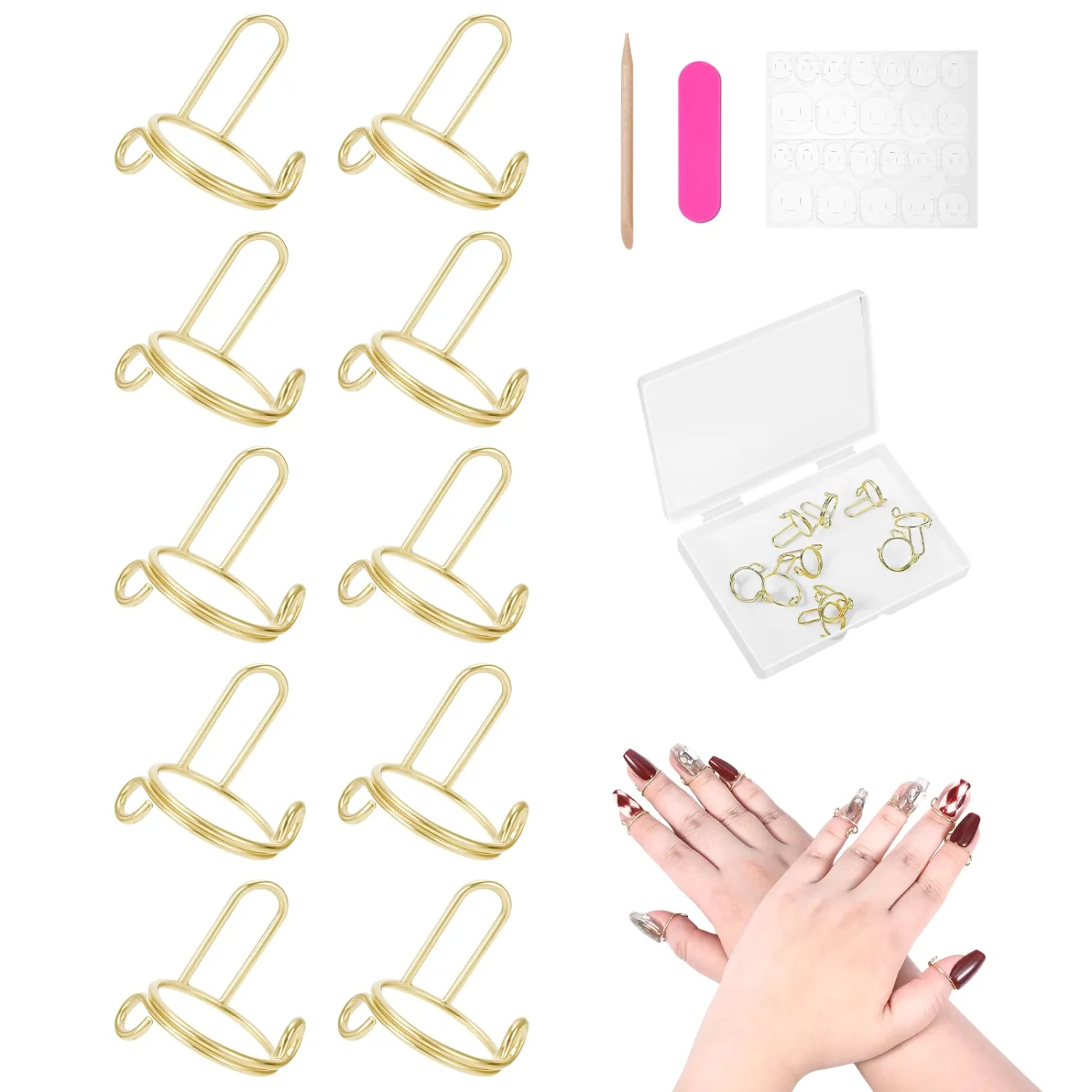 10Pcs Wudu Nail Rings, Adjustable Fingernail Rings with Adhesive Nail Tabs No Glue for Women Fingernail Art Decoration,Reusable Detachable Women Gifts Kits for Beginners (Gold-10Pcs)