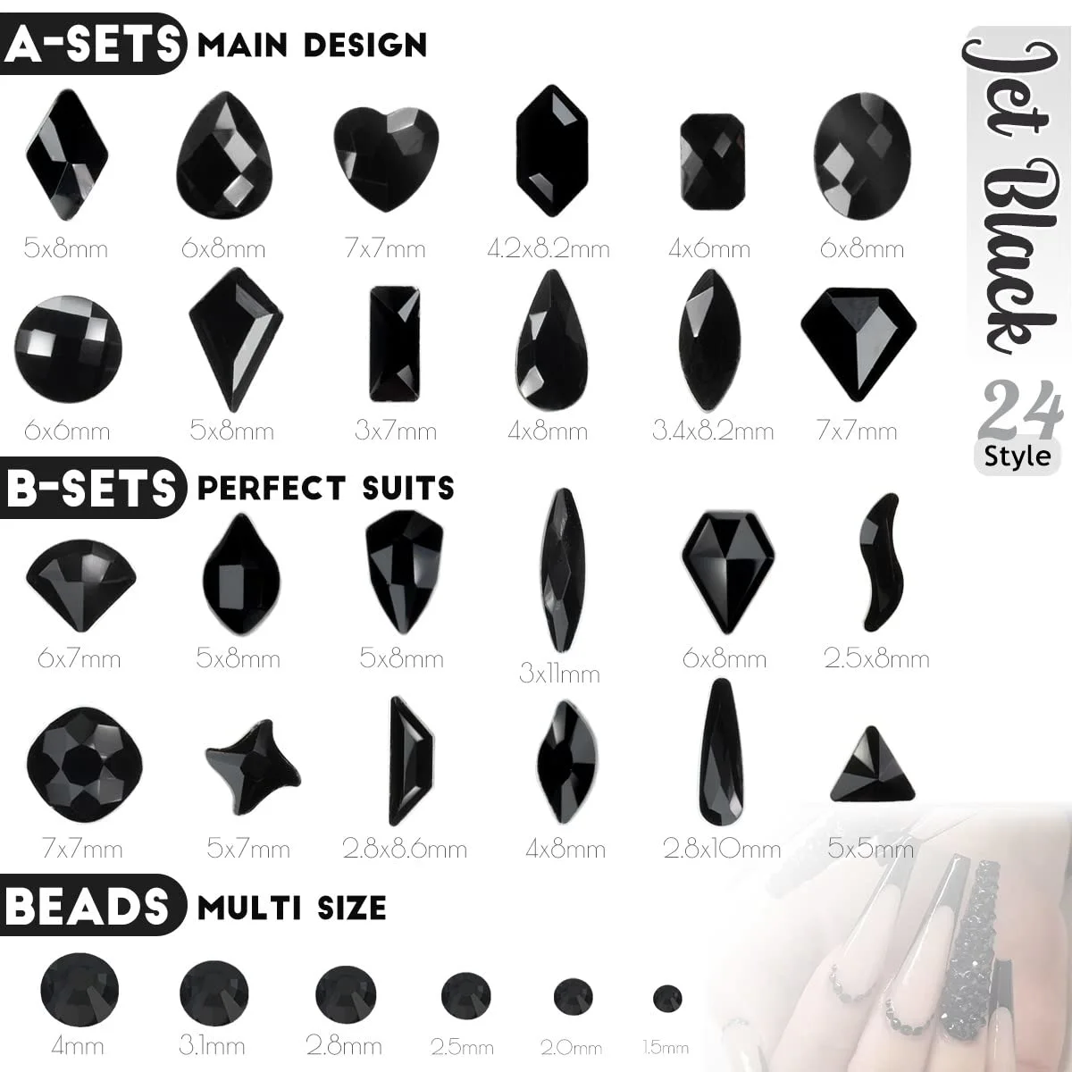 24 Styles Black Nail Rhinestones Multi Shapes Flatback Jet Black Gems Round Beads K9 Glass Nail Crystals Stones Diamonds jewels Nail Art Supplies Nail Charms for Nails Faces Eyes Makeup Crafts