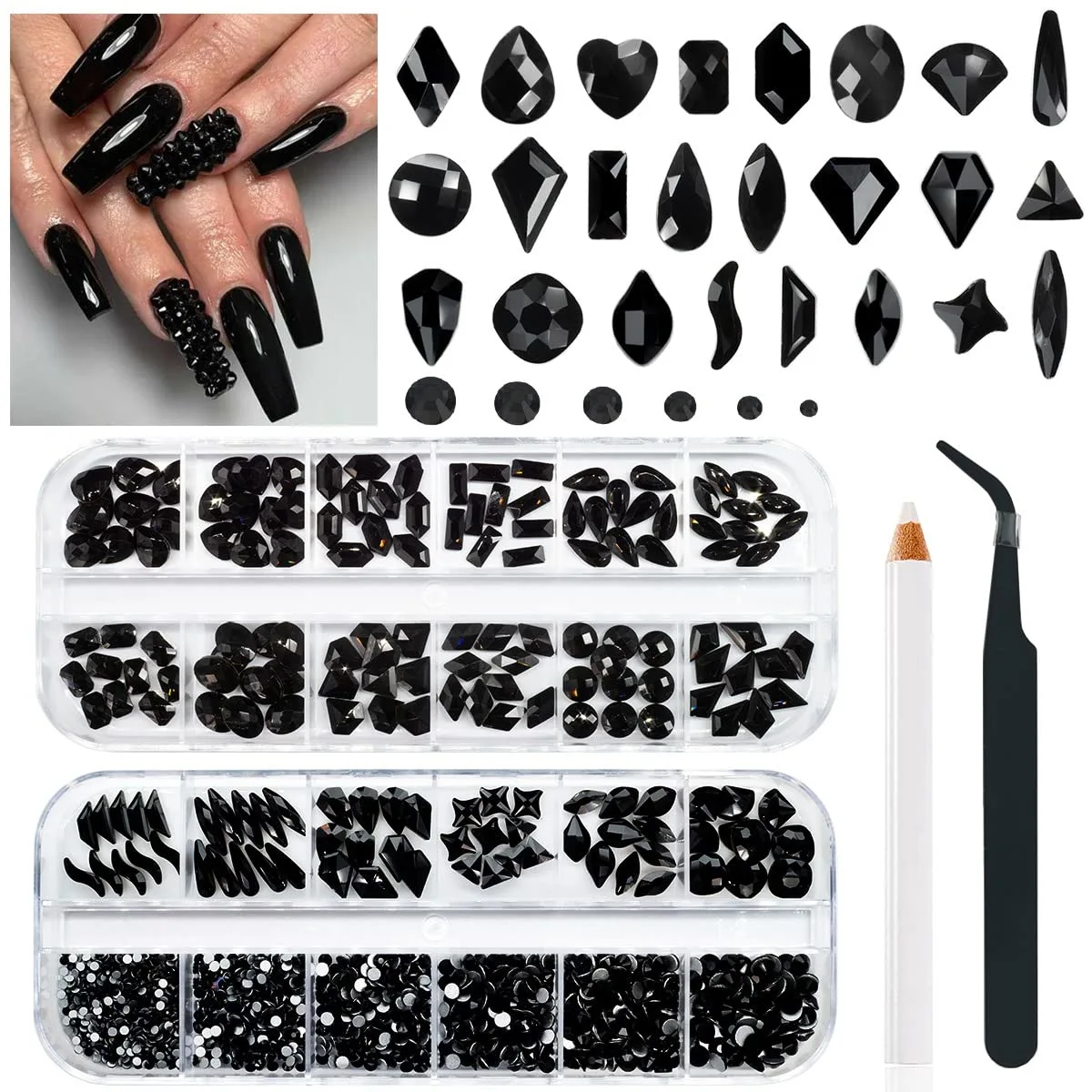 24 Styles Black Nail Rhinestones Multi Shapes Flatback Jet Black Gems Round Beads K9 Glass Nail Crystals Stones Diamonds jewels Nail Art Supplies Nail Charms for Nails Faces Eyes Makeup Crafts