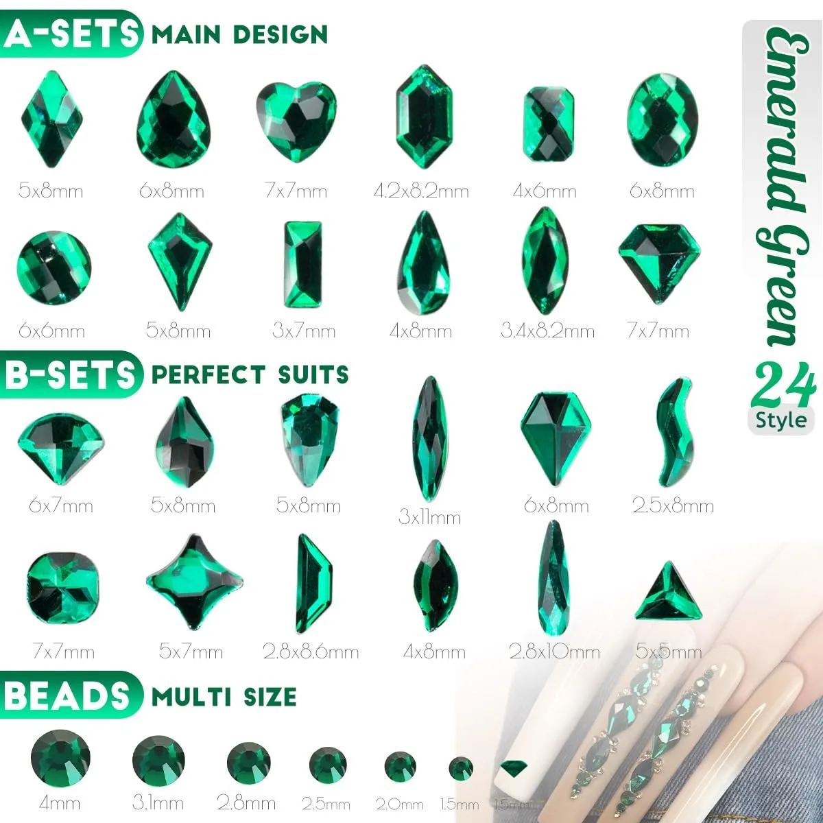 24 Styles Emerald Green Nail Rhinestones Multi Shapes Flatback Green Crystals Gems Round Beads K9 Glass Stones Diamonds Jewels Nail Art Supplies Nail Charms for Nails Faces Eyes Makeup Crafts