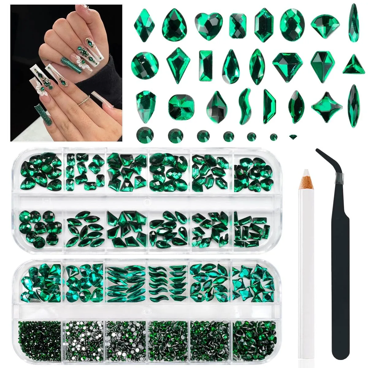 24 Styles Emerald Green Nail Rhinestones Multi Shapes Flatback Green Crystals Gems Round Beads K9 Glass Stones Diamonds Jewels Nail Art Supplies Nail Charms for Nails Faces Eyes Makeup Crafts