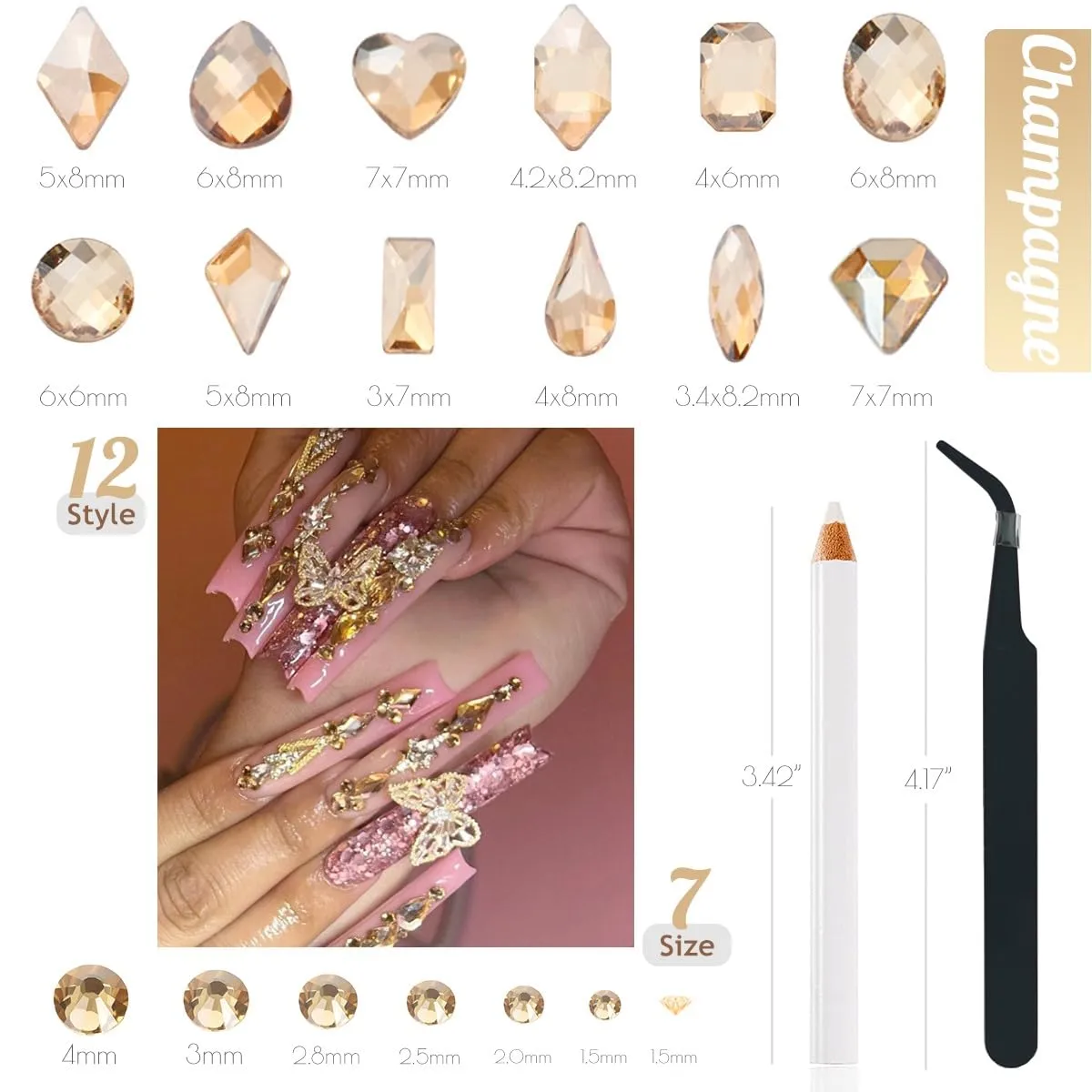 4080Pcs Champagne Gold Nail Rhinestones Multi Shapes Crystal Golden Flatback Rhinestones Gems Round Beads K9 Glass Stones Diamonds jewels Art Charms for Nail Face Eyes Makeup DIY Crafts Clothes