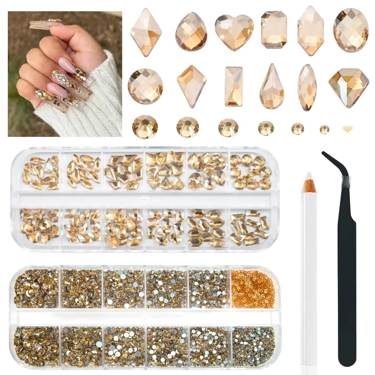 4080Pcs Champagne Gold Nail Rhinestones Multi Shapes Crystal Golden Flatback Rhinestones Gems Round Beads K9 Glass Stones Diamonds jewels Art Charms for Nail Face Eyes Makeup DIY Crafts Clothes
