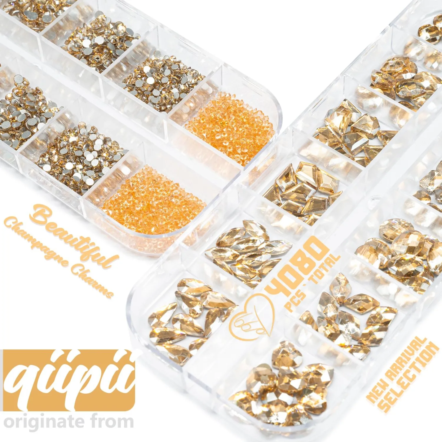 4080Pcs Champagne Gold Nail Rhinestones Multi Shapes Crystal Golden Flatback Rhinestones Gems Round Beads K9 Glass Stones Diamonds jewels Art Charms for Nail Face Eyes Makeup DIY Crafts Clothes