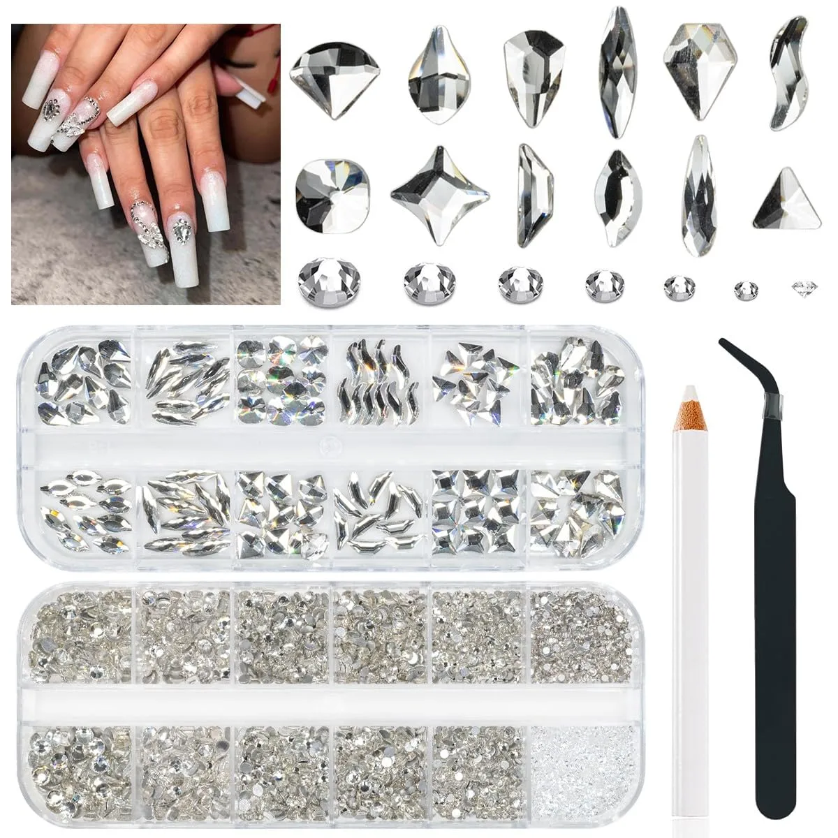 4080Pcs Crystal Clear Nail Rhinestones Multi Shapes Flatback Crystal White Gems +Round Beads K9 Glass Stones Diamonds Jewels Nail Art Supplies Nail Charms for Nails Faces Eyes Makeup DIY Crafts