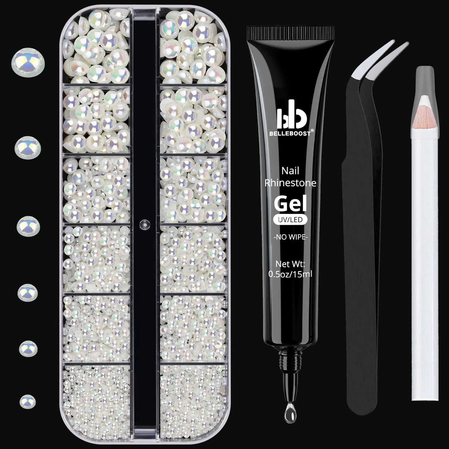 Nail Art Rhinestone Glue Gel&Flatback Gems Accessories Kit, 1 Tube of 15ml Rhinestone Gel Glue(UV/LED Needed)+1 Box of Flat-Back Half Round Beige AB Pearls with Pickup Pencil and Tweezer