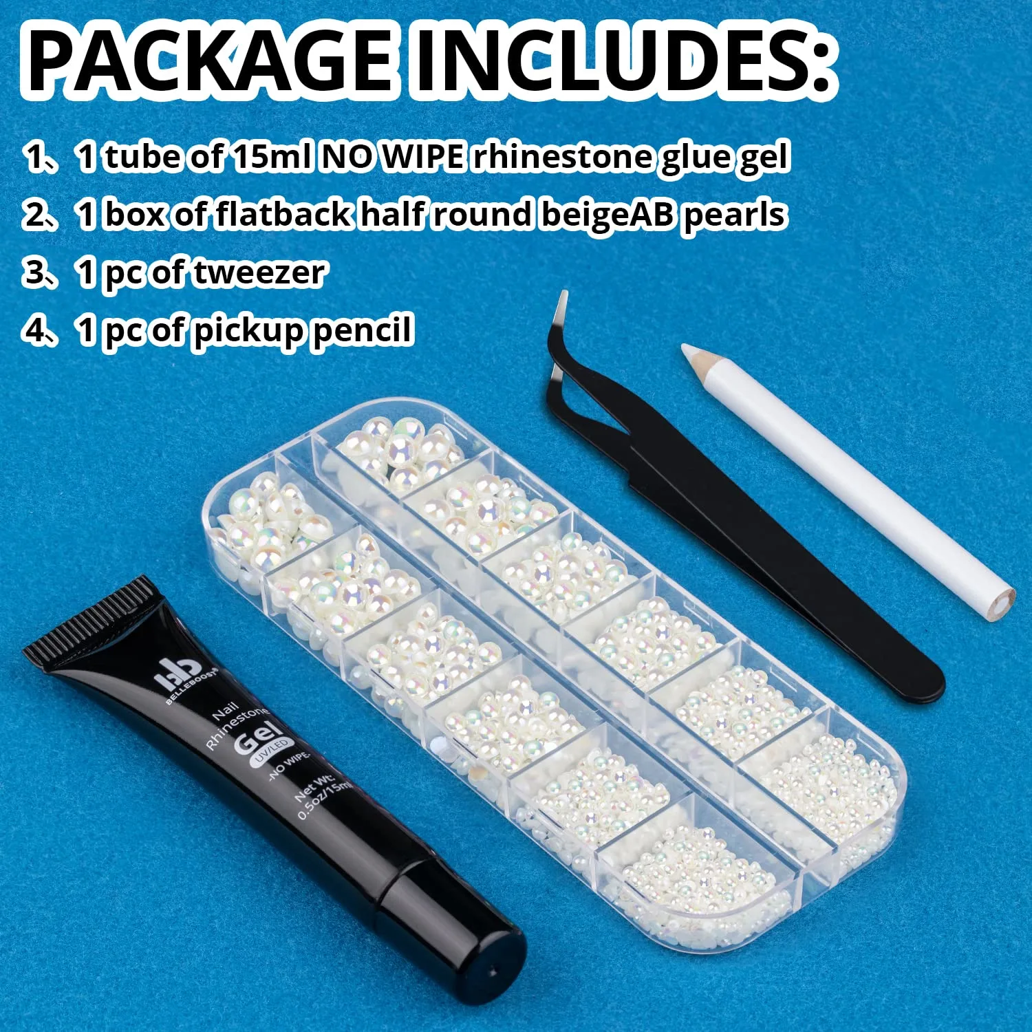 Nail Art Rhinestone Glue Gel&Flatback Gems Accessories Kit, 1 Tube of 15ml Rhinestone Gel Glue(UV/LED Needed)+1 Box of Flat-Back Half Round Beige AB Pearls with Pickup Pencil and Tweezer
