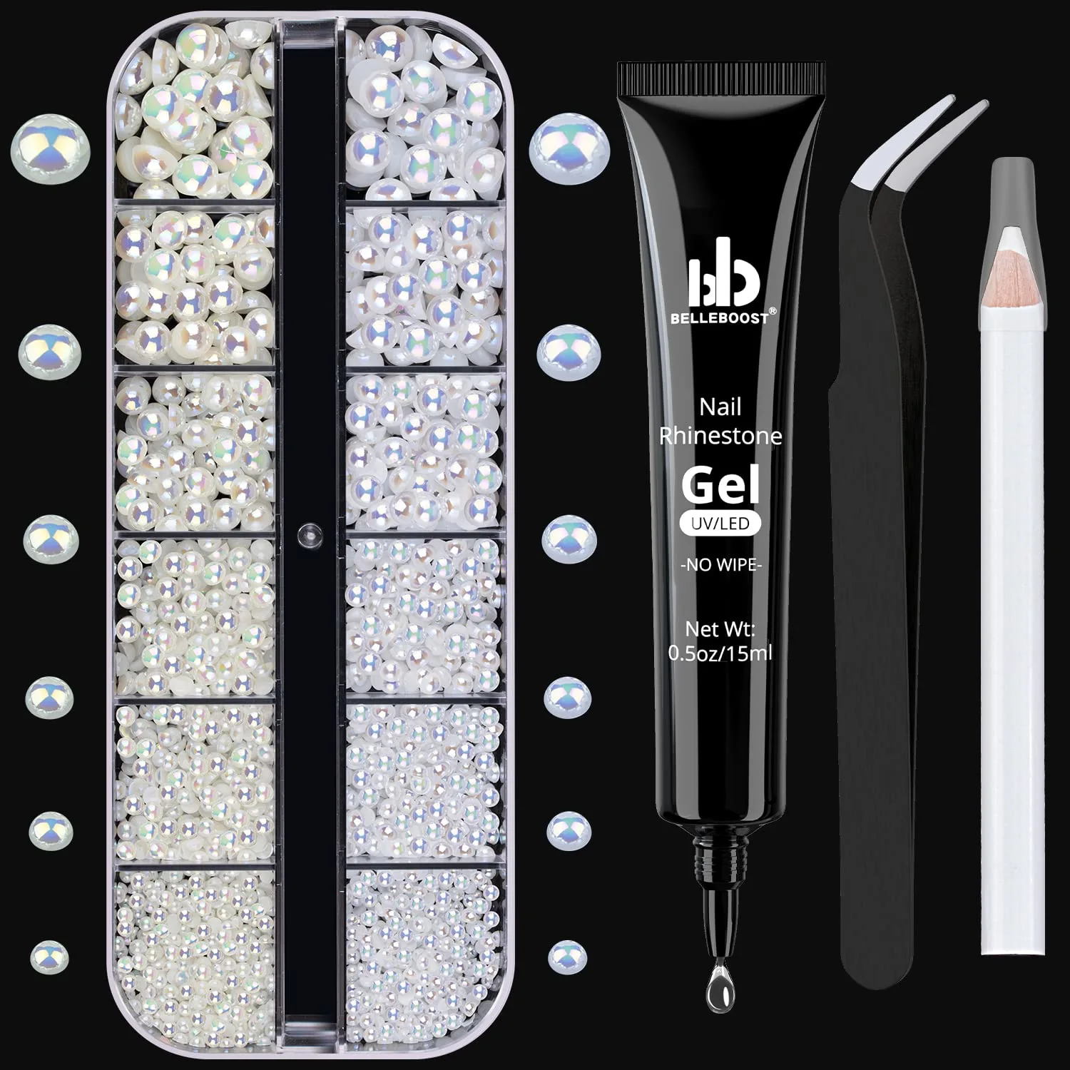Nail Art Rhinestone Glue Gel&Flatback Gems Accessories Kit, 1 Tube of 15ml Rhinestone Gel Glue(UV/LED Needed)+1 Box of Flat-Back Half Round White AB&Beige AB Pearls with Pickup Pencil and Tweezer