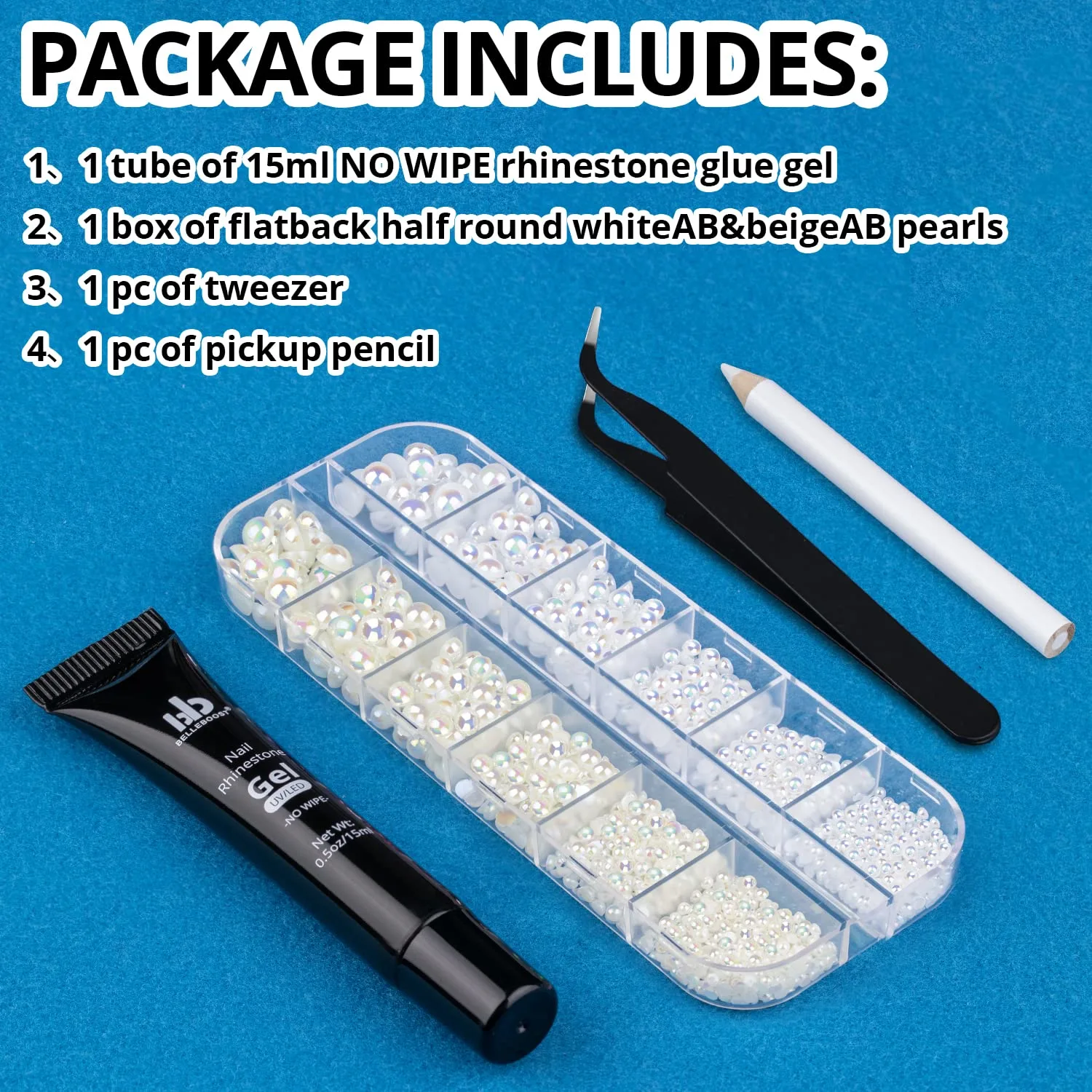 Nail Art Rhinestone Glue Gel&Flatback Gems Accessories Kit, 1 Tube of 15ml Rhinestone Gel Glue(UV/LED Needed)+1 Box of Flat-Back Half Round White AB&Beige AB Pearls with Pickup Pencil and Tweezer