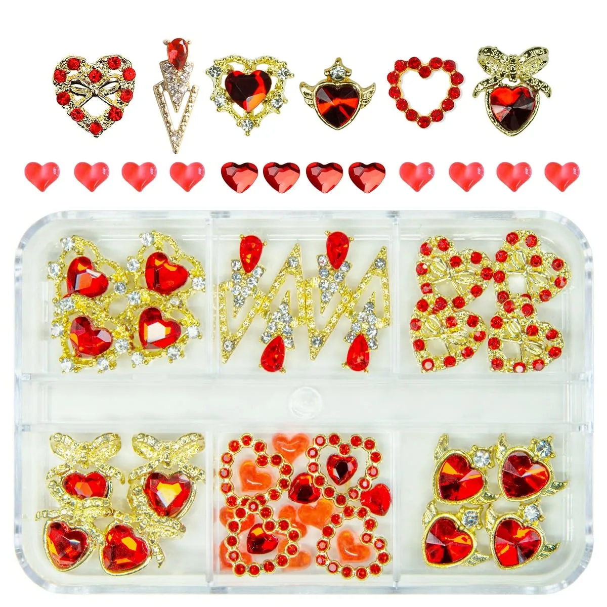36pcs Red Heart Nail Charms Golden Luxury Alloy Valentine Charms for Nails 3D Red Nail Art Rhinestones Gems Gold Crystal Diamonds Jewelry Stones Studs Charms Supplies for Nails Face Eyes Makeup