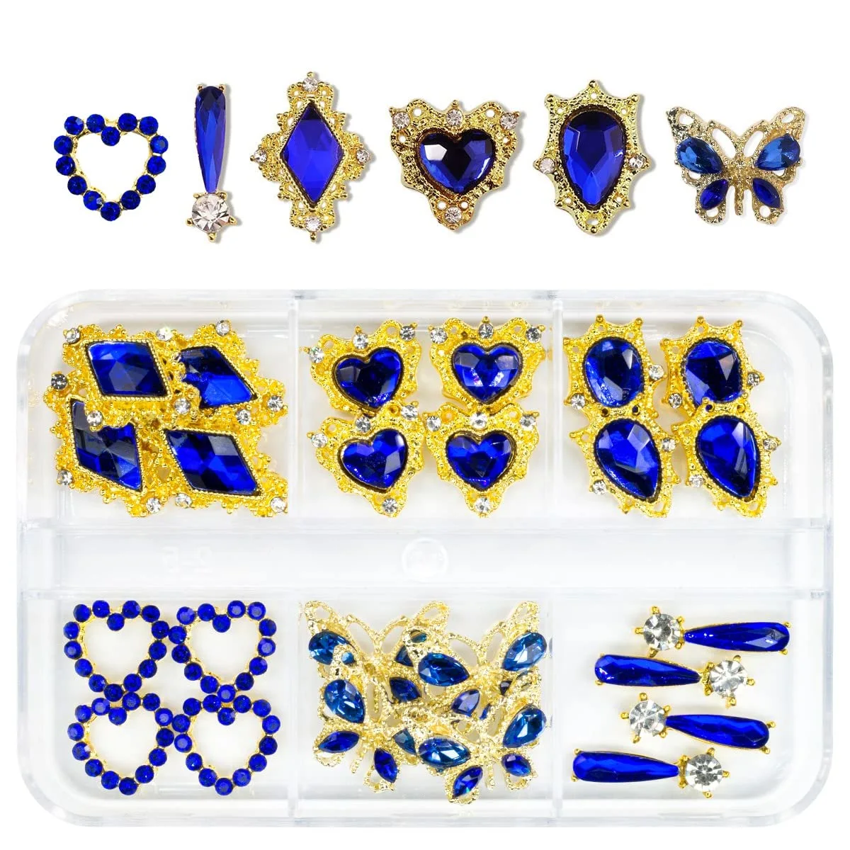 24pcs Blue Nail Rhinestones Luxury Nail Charms Sapphire Heart Charms for Nails 3D Big Royal Blue Nail Gems Crystals Diamonds Jewelry Stones Alloy Nail Art Studs Nail Art Decor for Arylic Nails Crafts