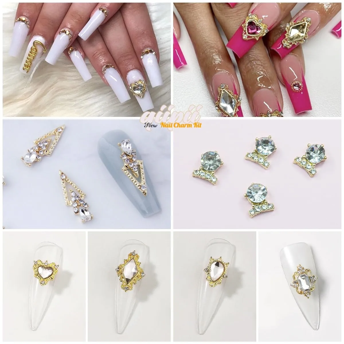 24pcs Crystal Clear Nail Rhinestones Luxury Nail Charms Crystal White Heart Charms for Nails 3D Big Nail Gems Diamonds Jewelry Stones Alloy Nail Art Studs Nail Art Decor w Box for Arylic Nails Crafts