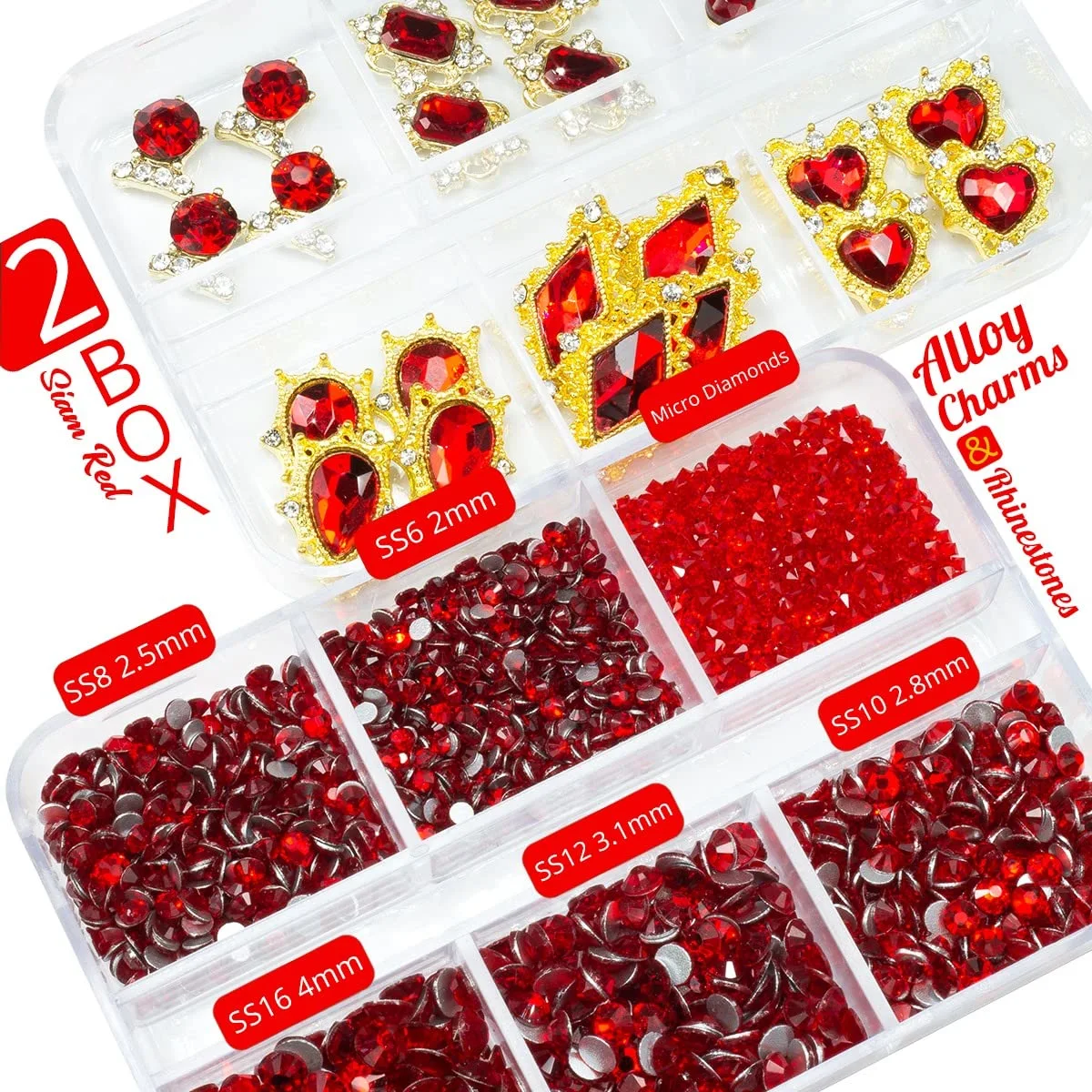 24pcs Red Luxury Nail Charms +2000pcs Ruby Red Rhinestones 3D Big Nail Gems K9 Glass Nail Crystals Diamonds Jewelry Stones Alloy Nail Art Studs Decor Supplies Heart Charms for Arylic Nails Crafts DIY
