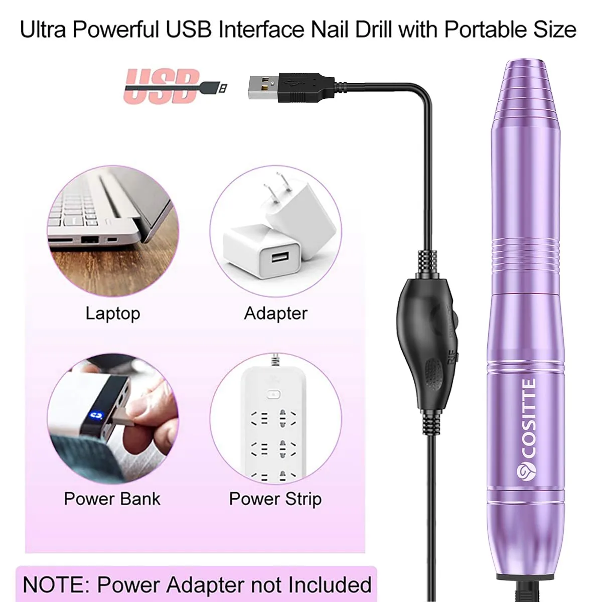 Electric Nail Drill,USB Electric Nail Drill Machine for Acrylic Nail Kit,Portable Electric Nail File Polishing Tool Manicure Pedicure Kit Efile Nail Supplies for Home Salon,Lilac