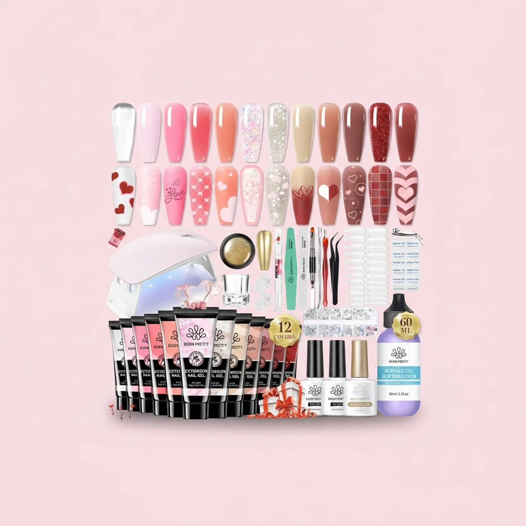 BORN PRETTY Poly Extension Gel Kit-12 Colors Extension Nail Gel Kit Nude Clear Jelly Pink All-In-1 Kit Builder Glue Gel with Nail Lamp Base Top Coat Set Nail Forms French Manicure Ideal Gifts