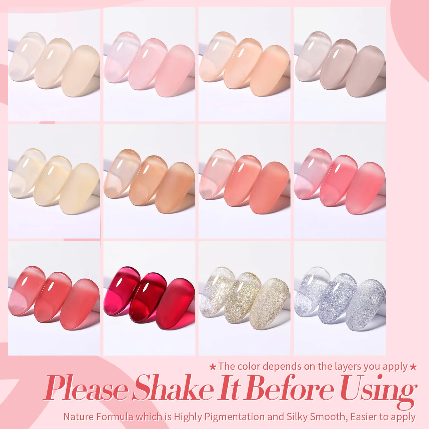 Born Pretty 28Pcs Jelly Gel Nail Polish Kit With U V Light 48W Nail Lamp 12 Colors Jelly Pink Nude Neutral Gel Polish Set with Base/Top Coat Gel Manicure All-In-One Nail Gel Kit Ideal Gifts